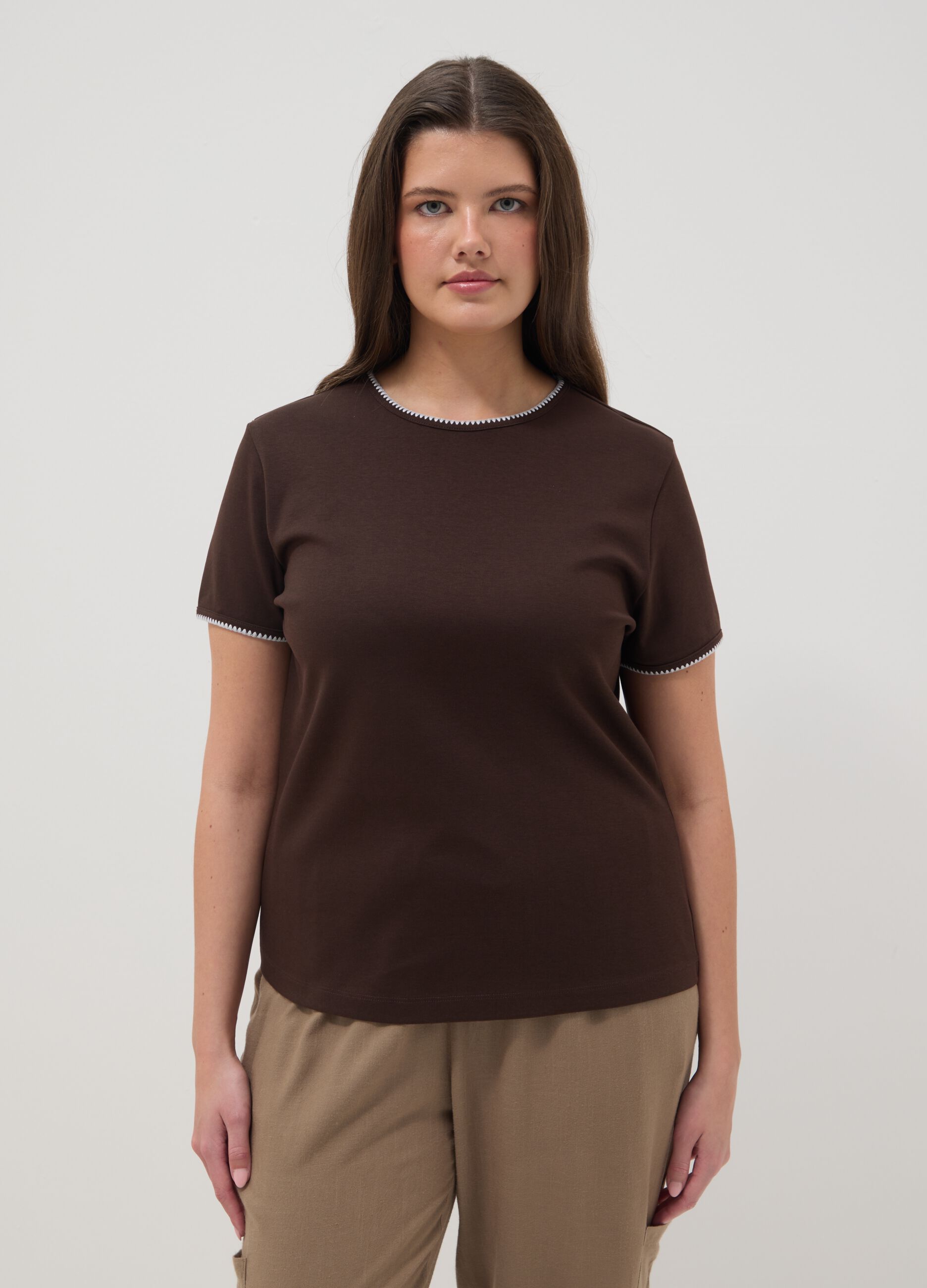 Brown pure cotton short-sleeve T-shirt, regular fit