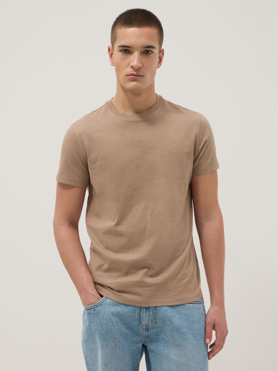 Beige short sleeve regular fit pure cotton t-shirt_2