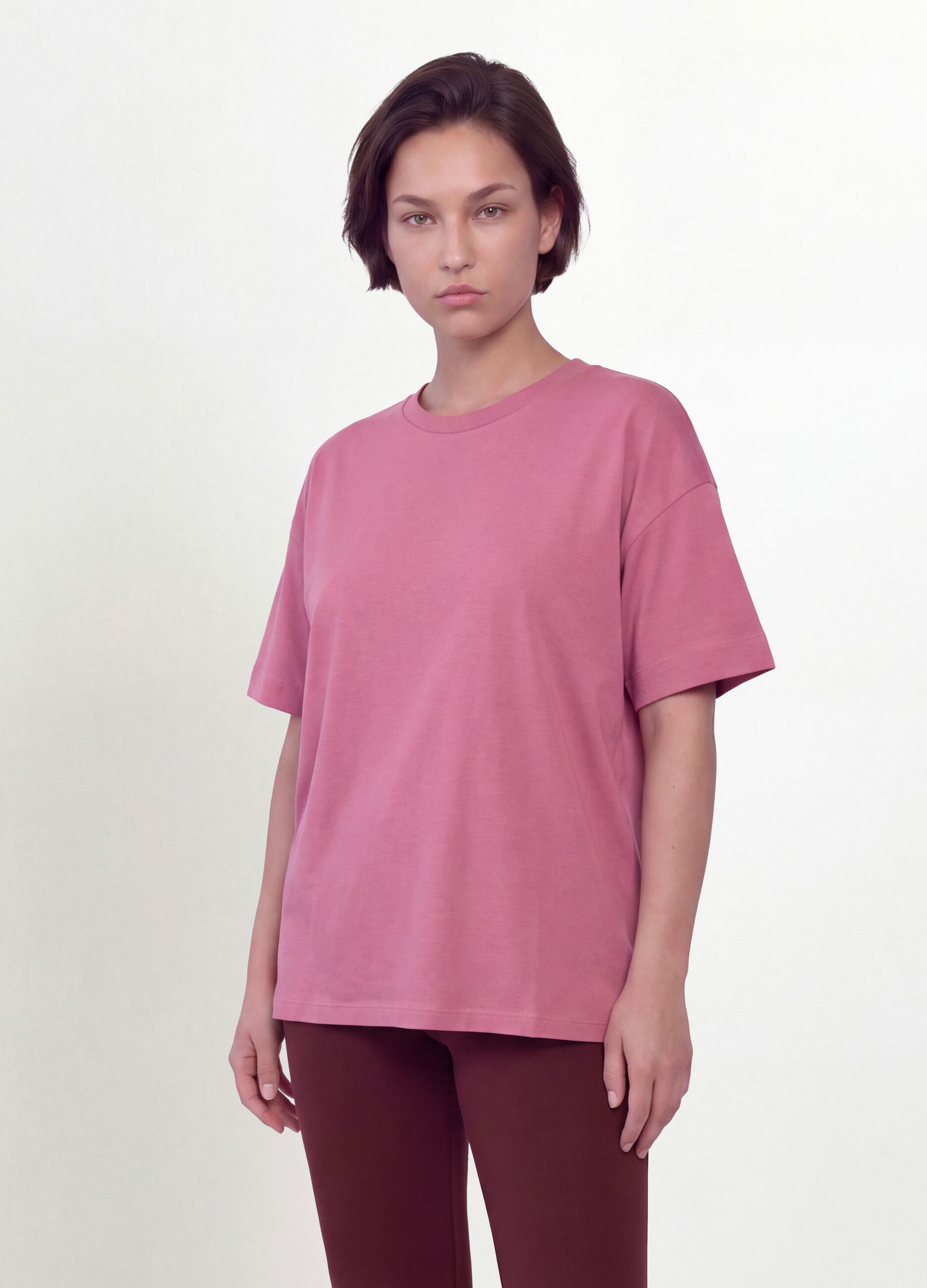 Pink crew-neck T-shirt in stretch cotton-modal blend, regular fit