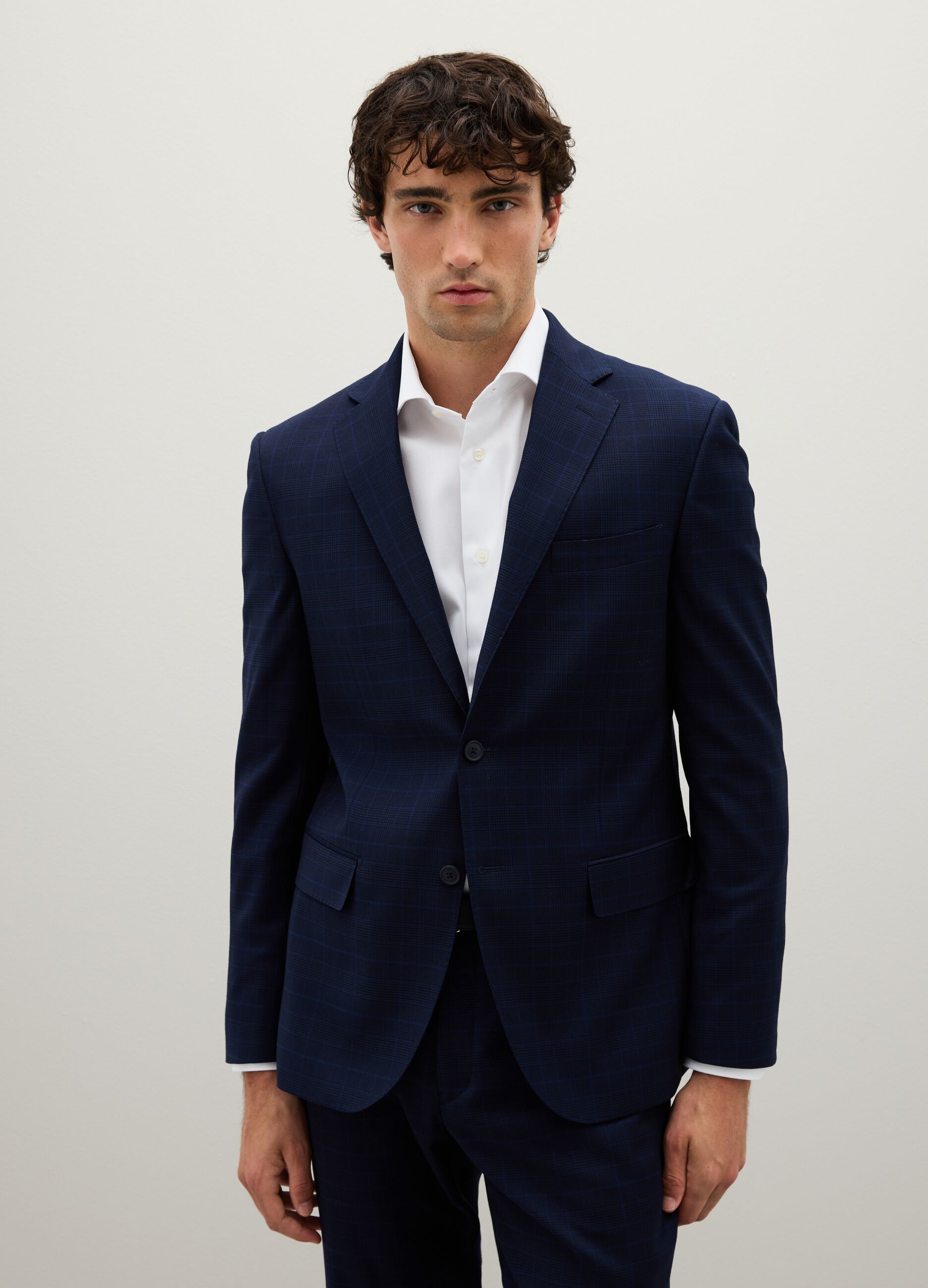 Regular fit blue stretch fabric blazer