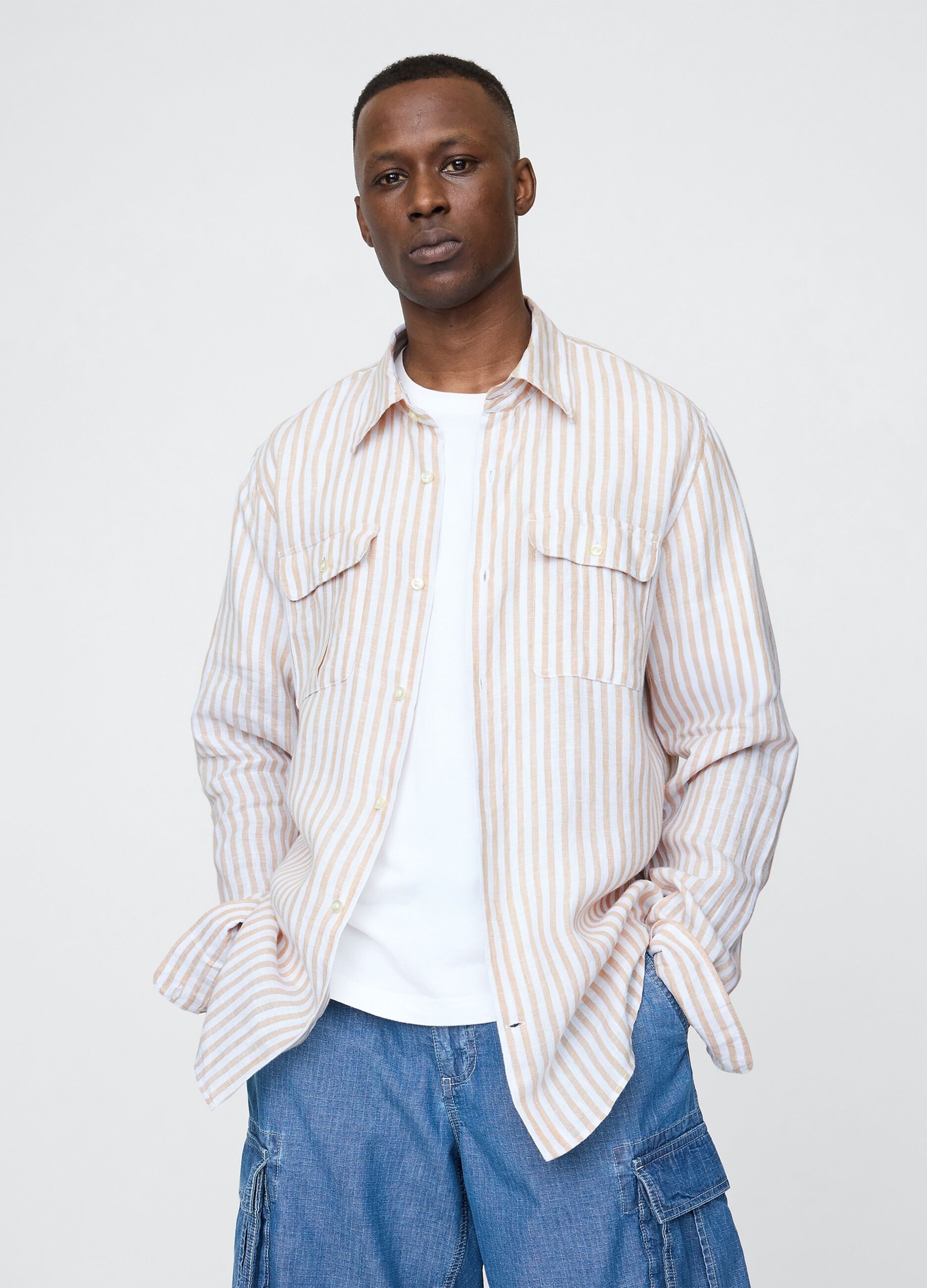 Beige and Pink Striped Shirt