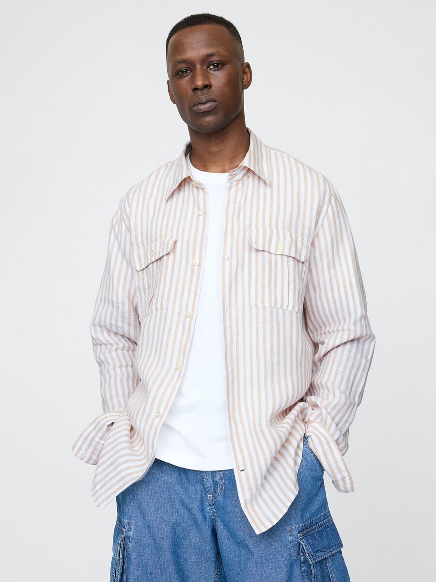 Beige and Pink Striped Shirt_0