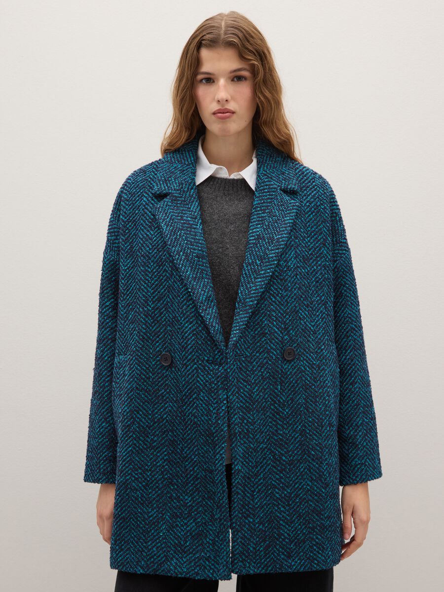 Blue Herringbone Double Breasted Coat with Oversized Fit_0