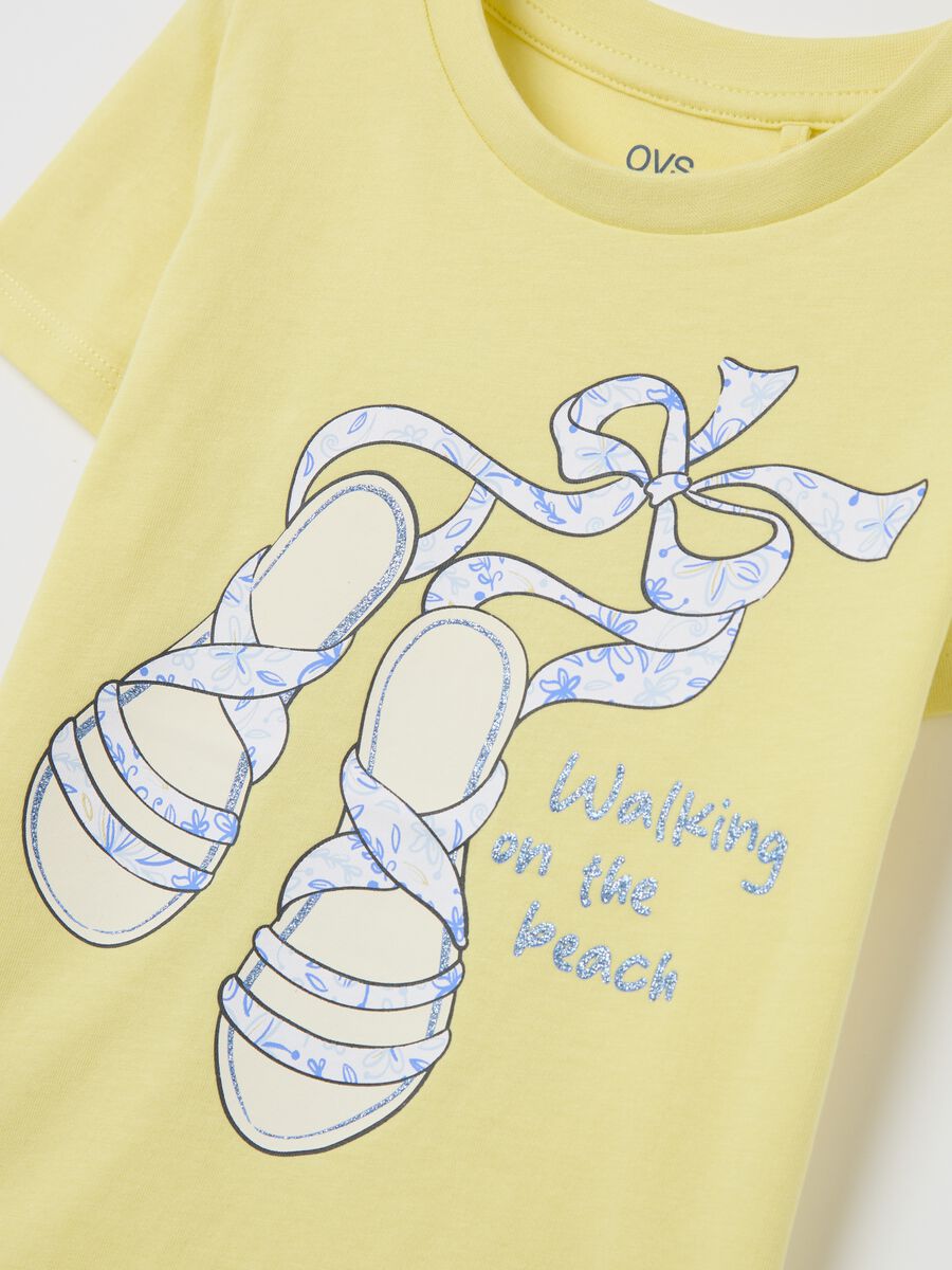 Yellow T-shirt in cotton with glitter print_2