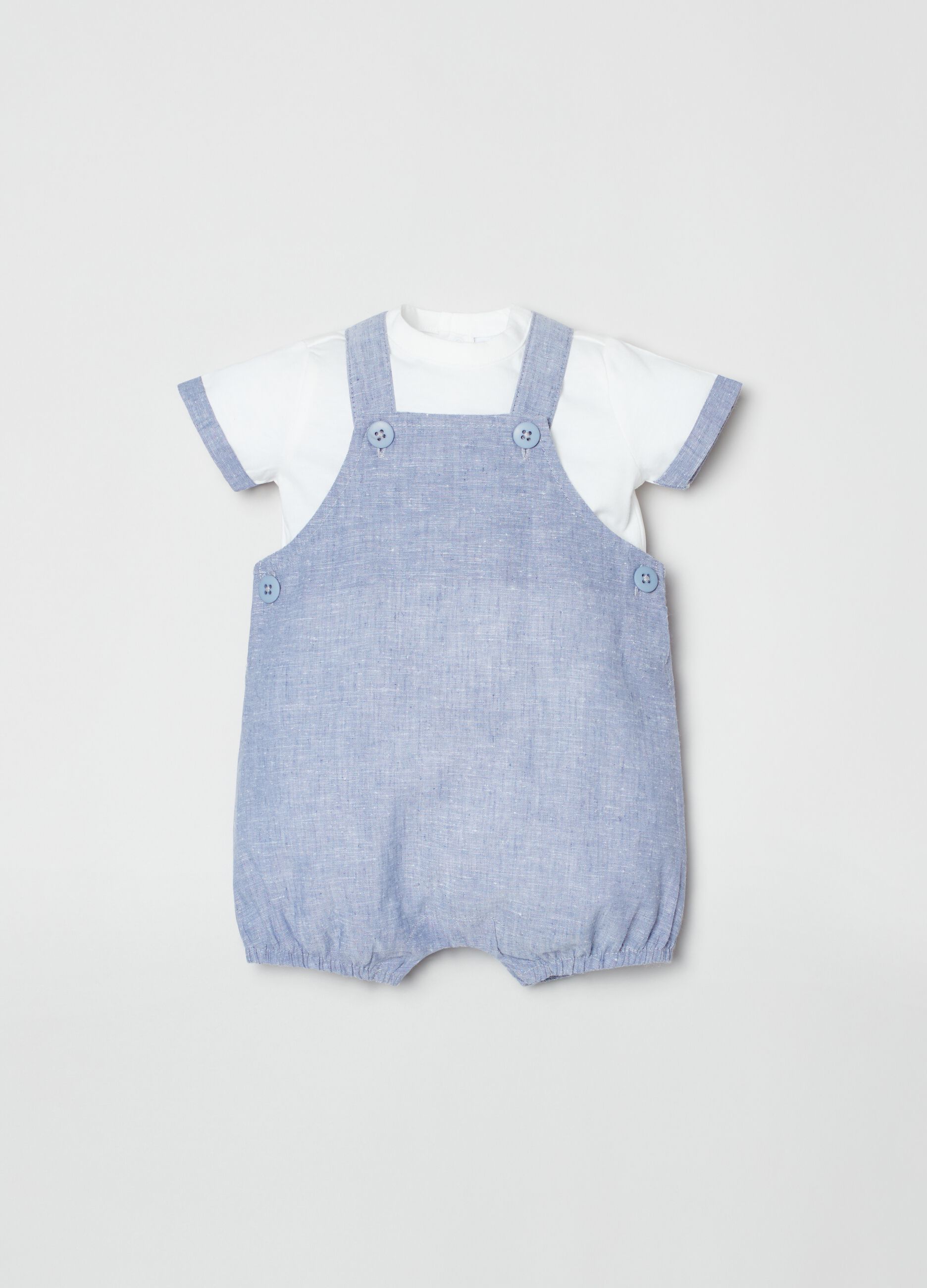Set t-shirt e salopette in cotone e lino_0