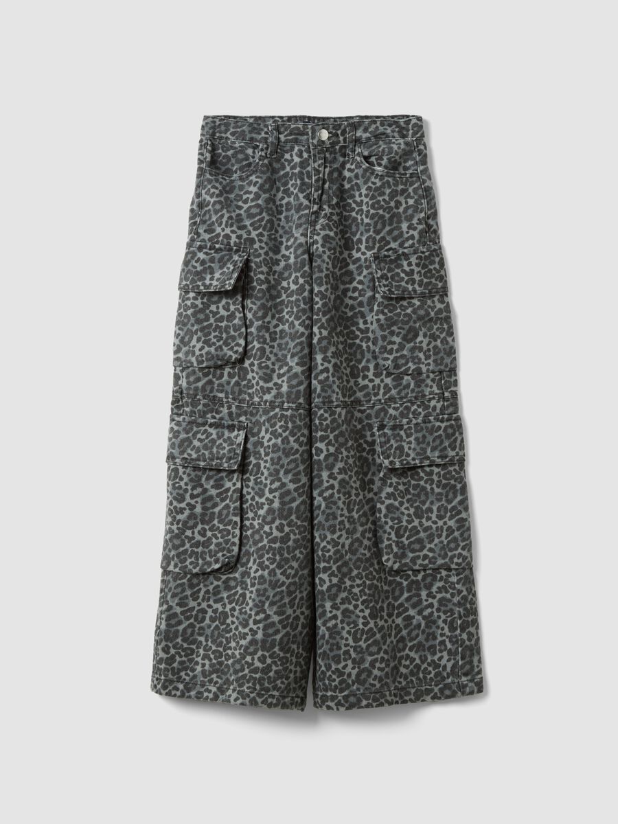 Pantaloni cargo grigi in puro cotone con fantasia animalier_0