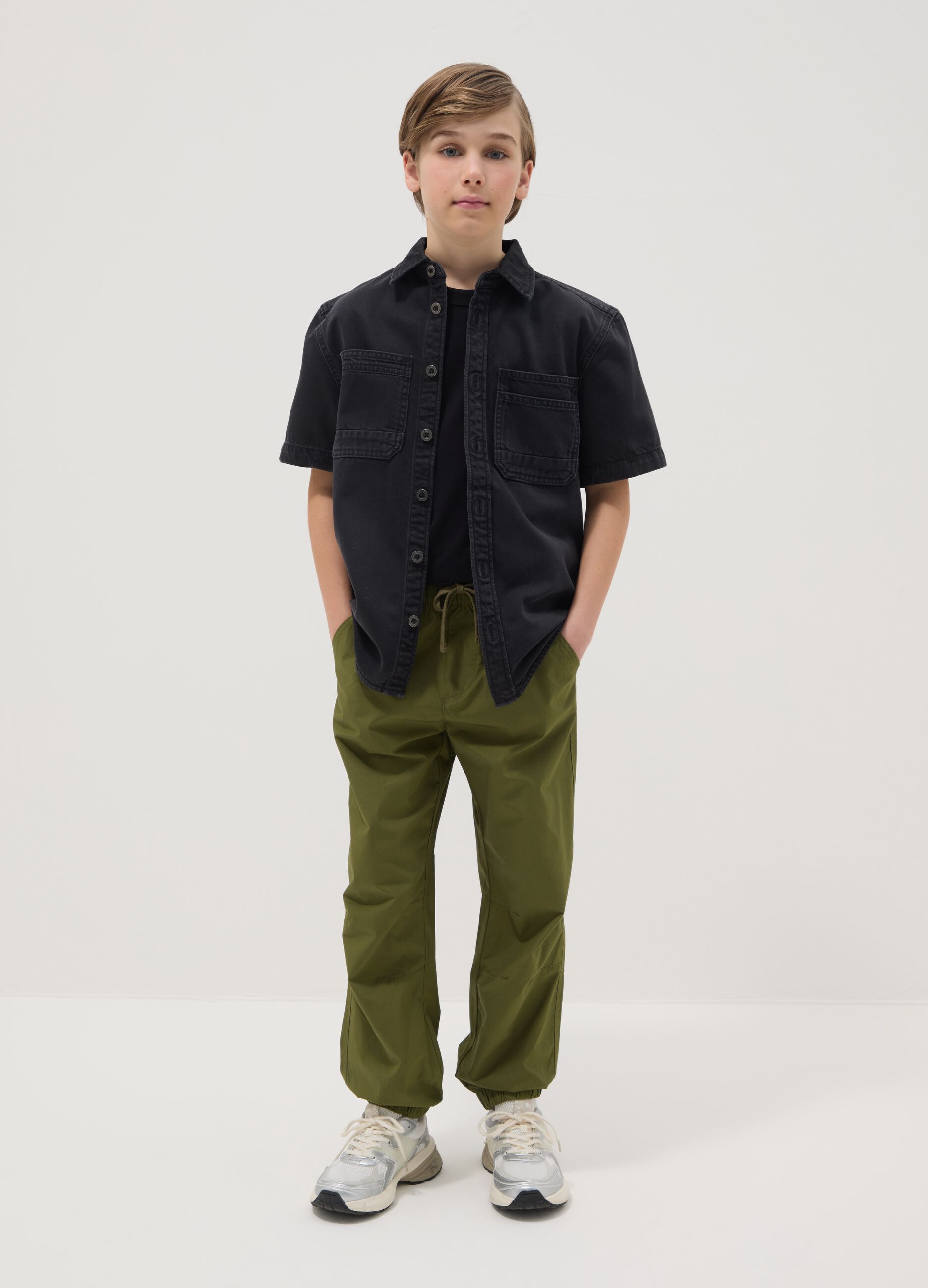 Boy's green wide leg trousers in pure cotton