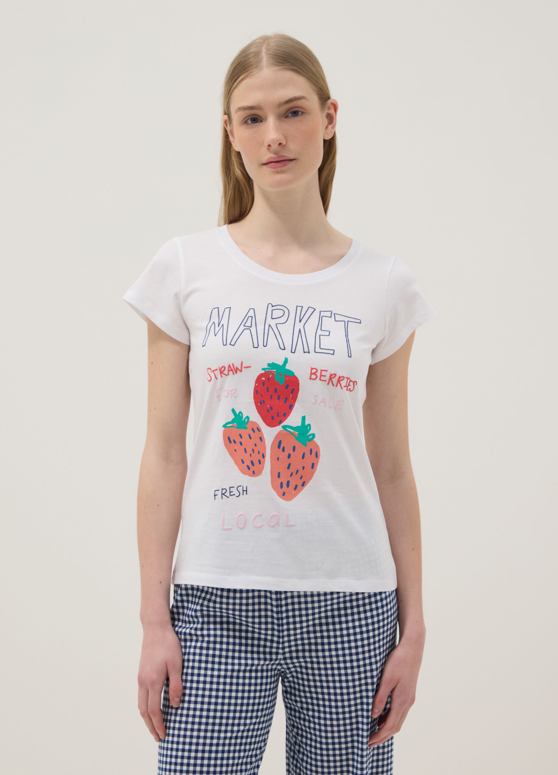 White pure cotton pajama shirt regular fit with strawberries