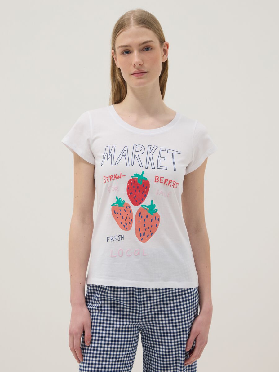 Maglietta pigiama in puro cotone bianca regular fit con fragole_1