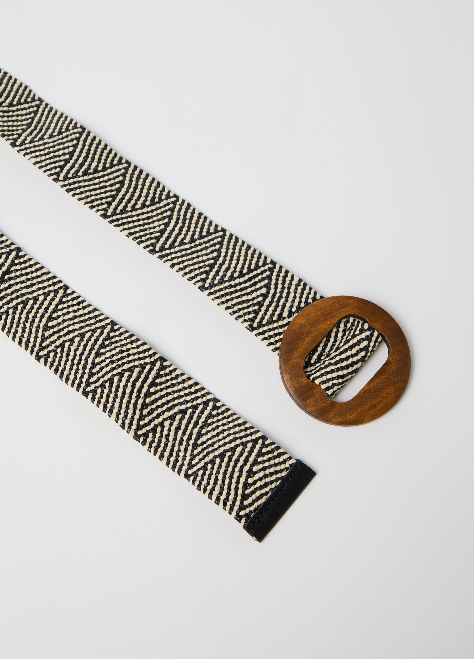 Black and white belt with wooden buckle