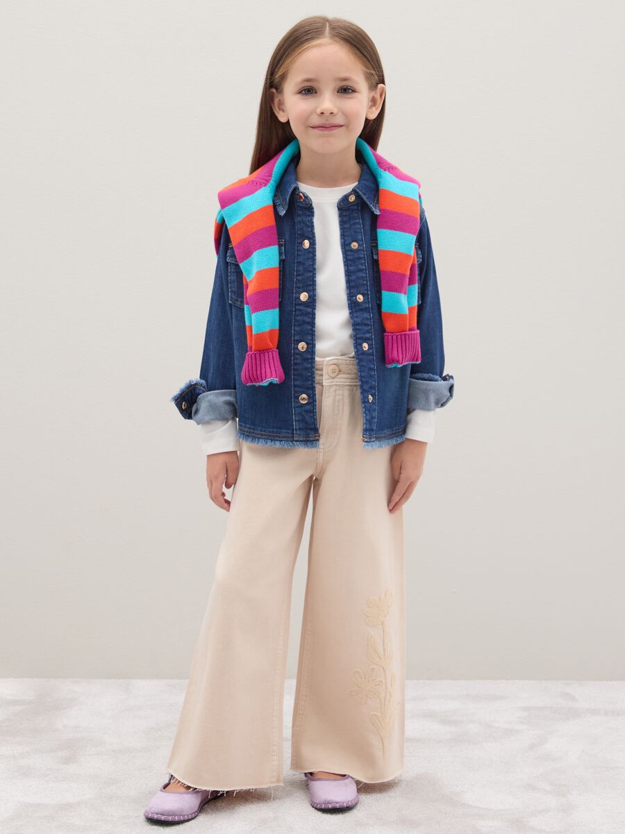 Girls' wide-leg beige cotton trousers_0