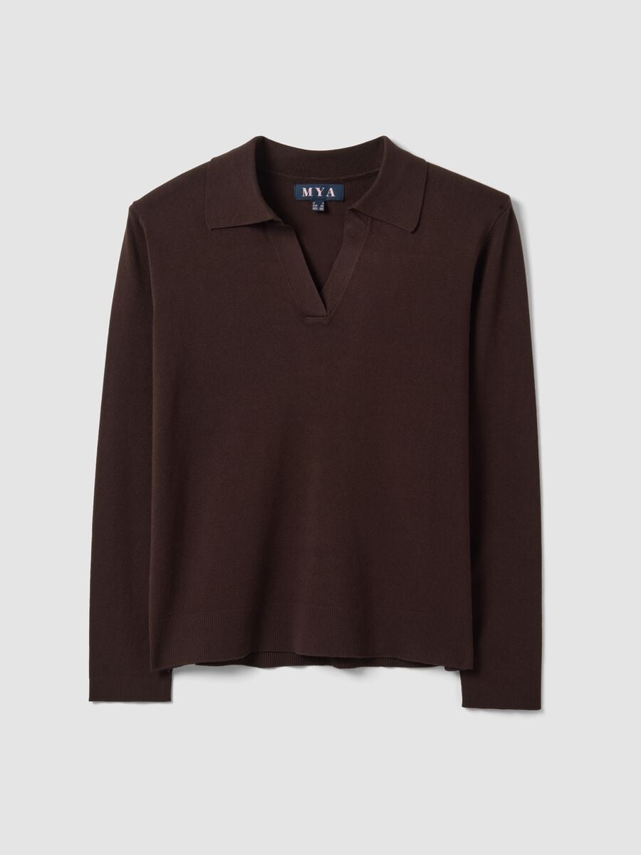 Brown viscose-blend polo-collar jumper with oversized fit_0