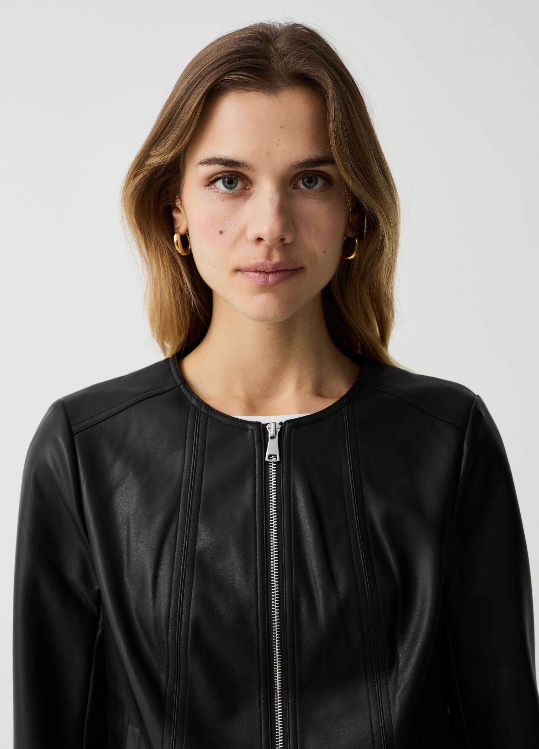 Glossy-effect full-zip biker jacket