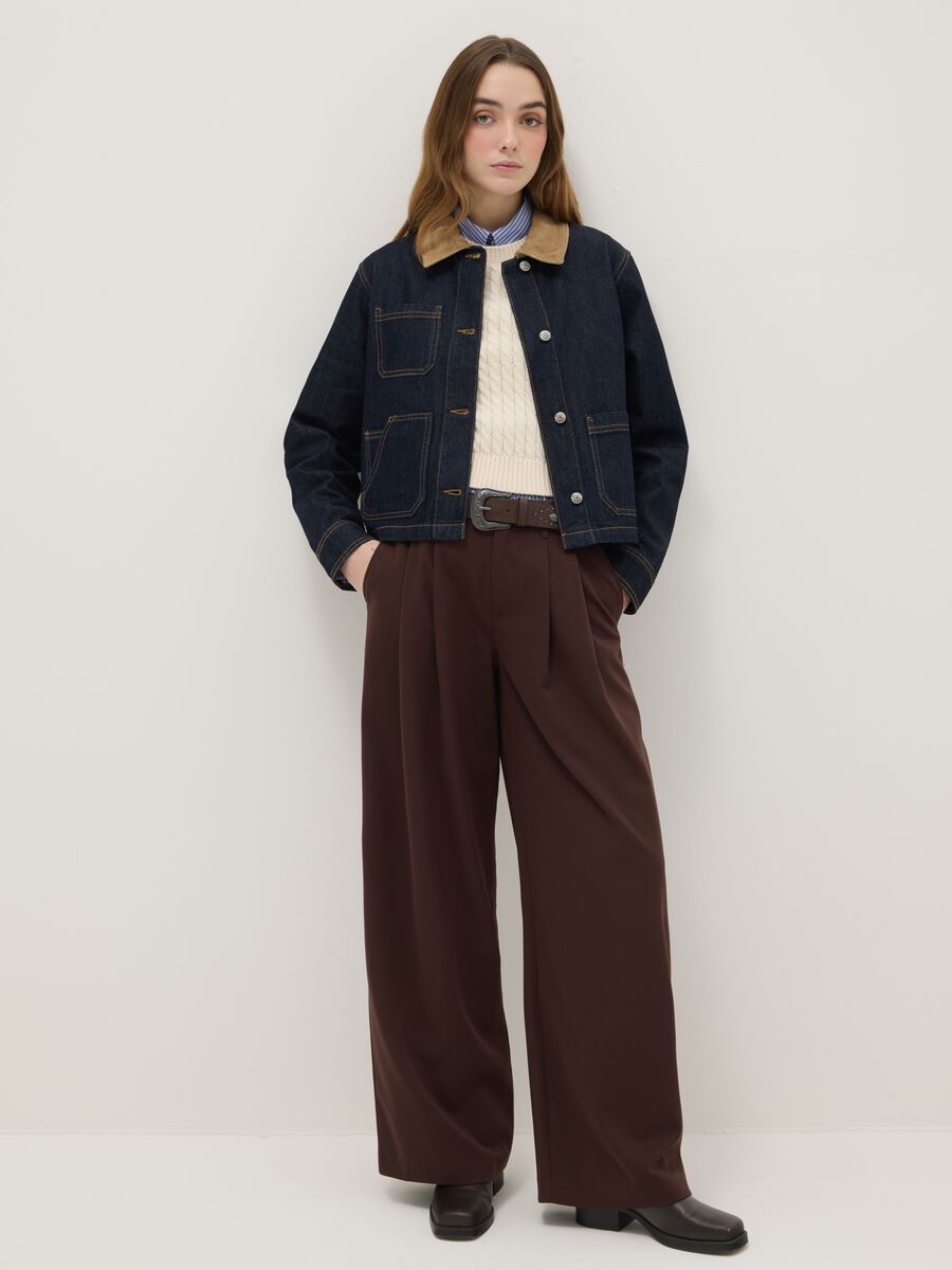 Pure cotton blue regular fit jacket with contrasting collar and pockets_1