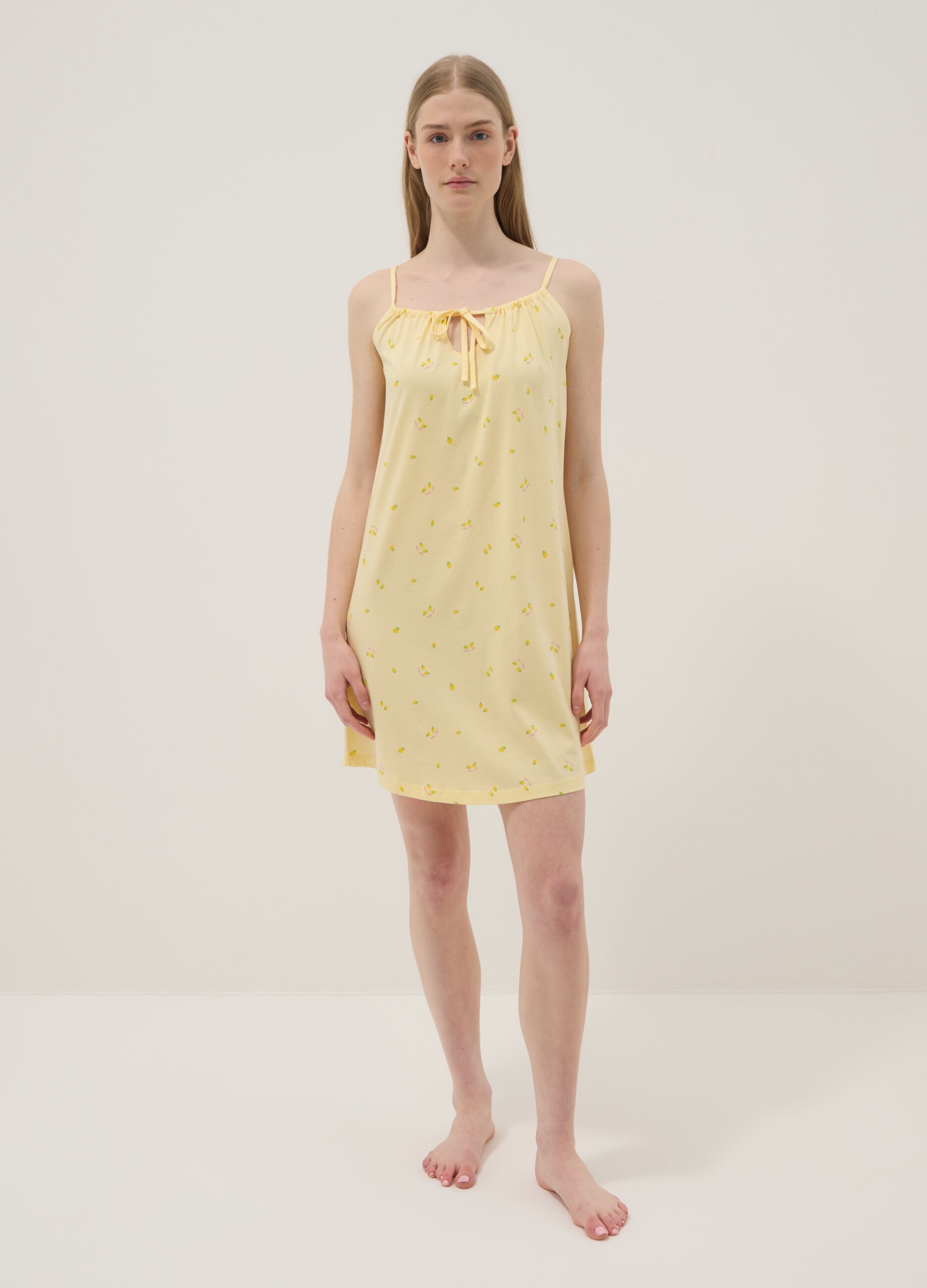 Yellow pure cotton nightdress with straps and lemon print