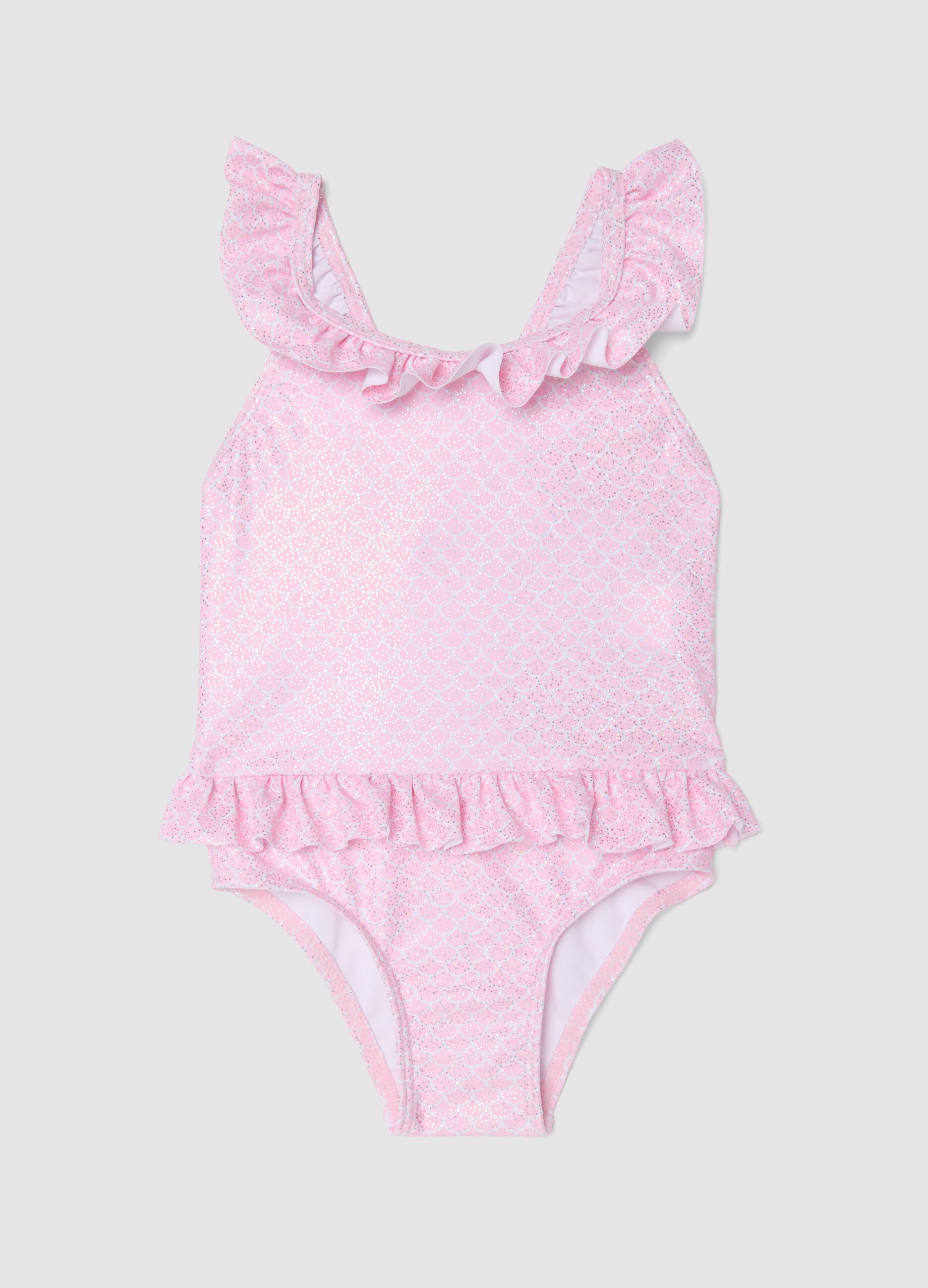 Pink stretch swimsuit with ruffles for baby girls
