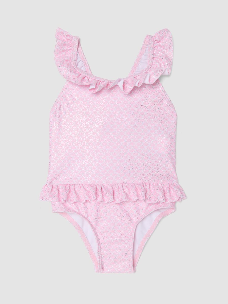 Pink stretch swimsuit with ruffles for baby girls_0