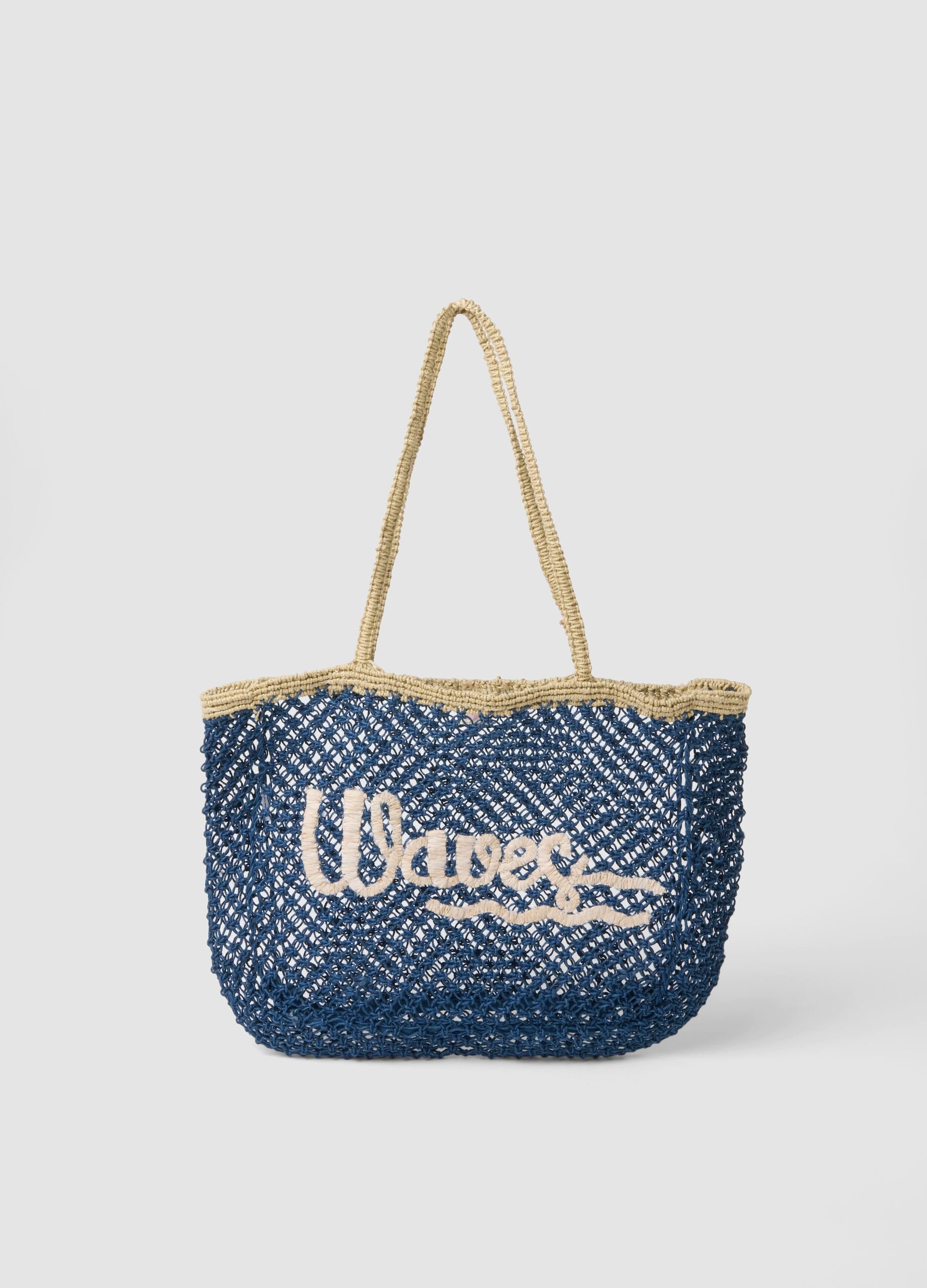 Multicolour open-knit jute-blend beach bag