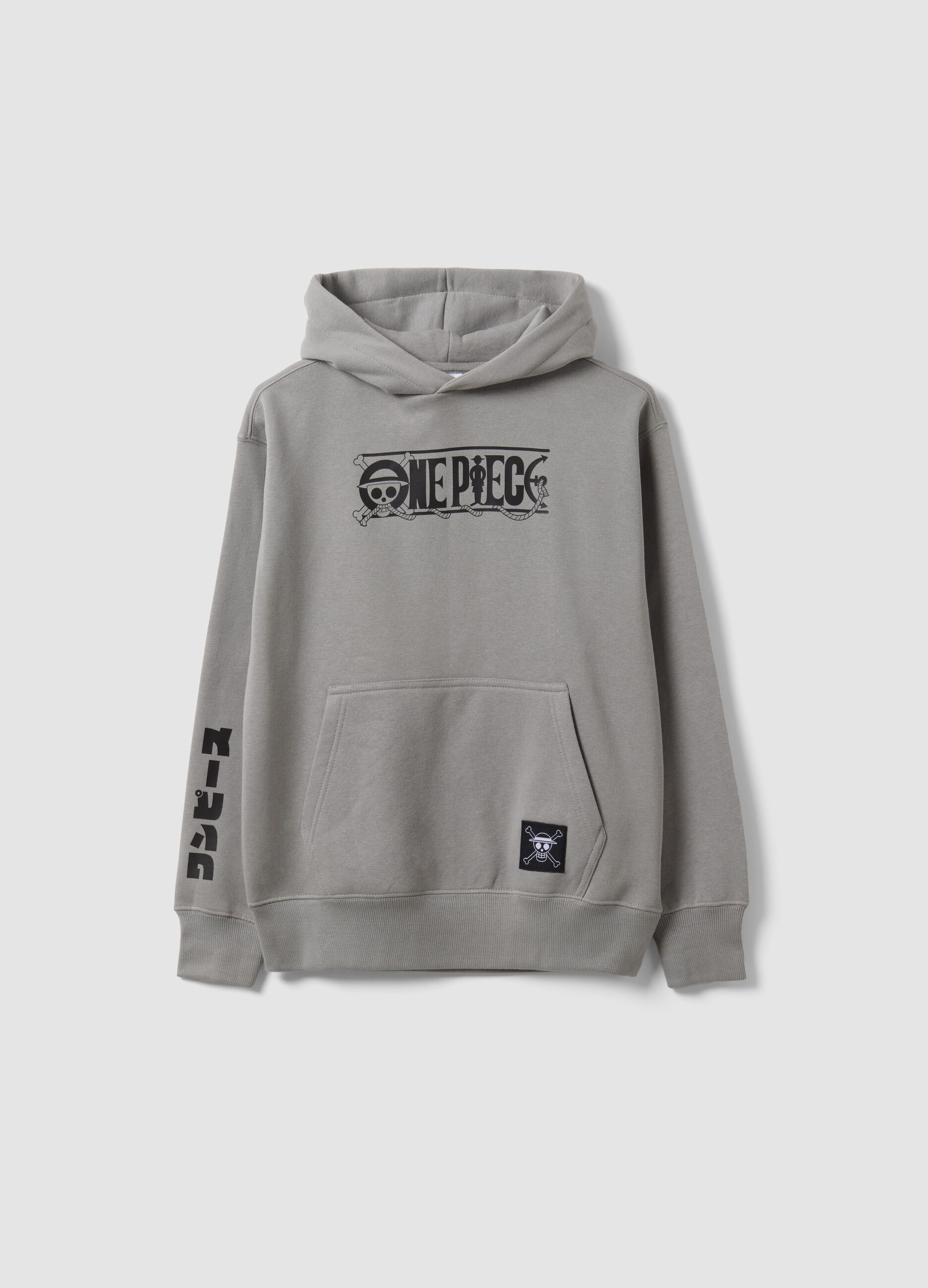 Grey hooded sweatshirt in cotton blend with One Piece print, oversized fit