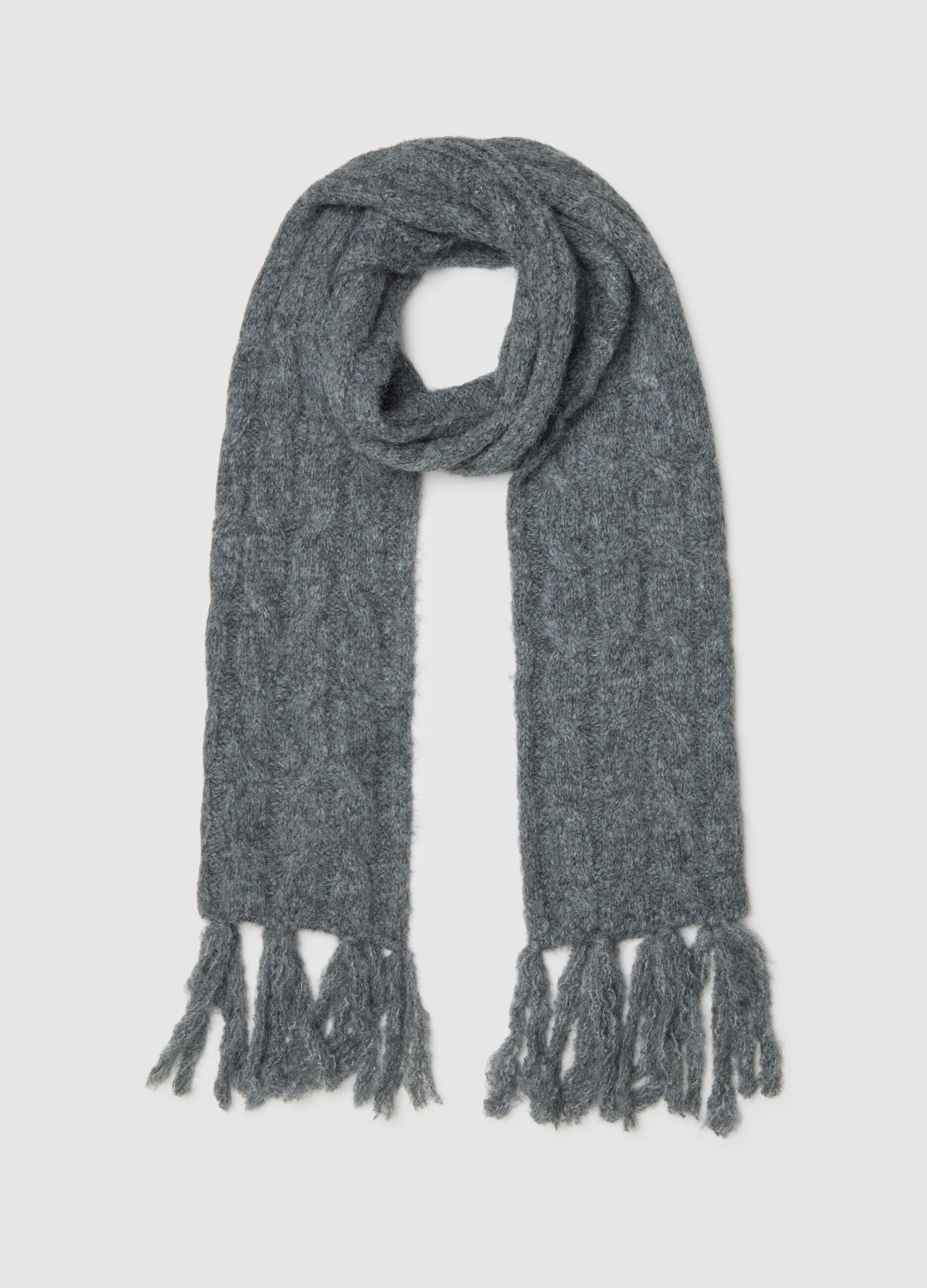 Grey Wool Blend Scarf with Fringes