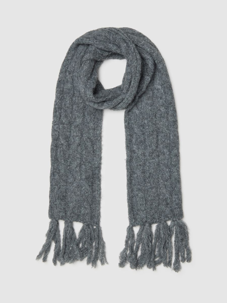 Grey Wool Blend Scarf with Fringes_0