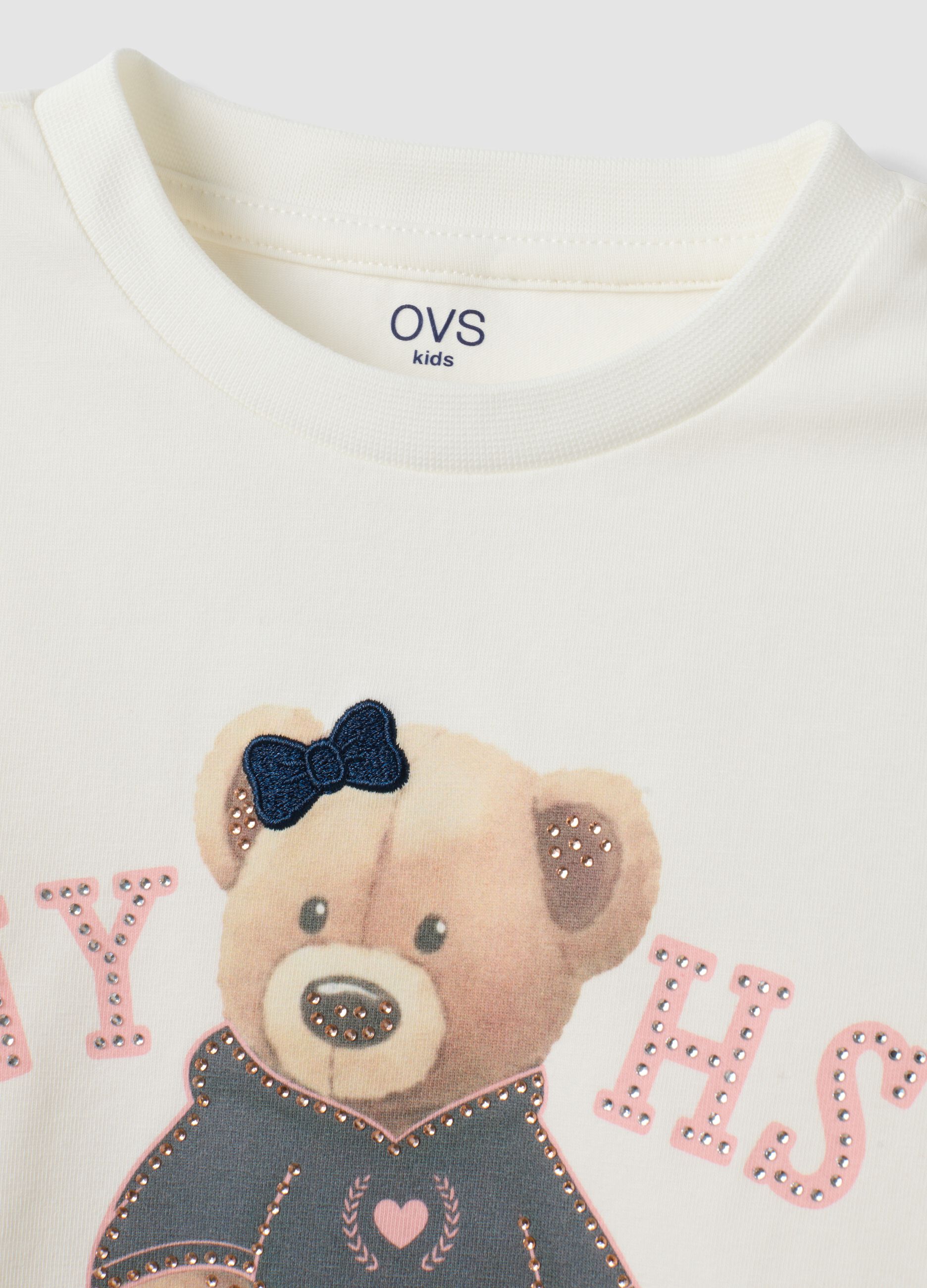 T-shirt bianca in cotone elasticizzato con stampa orsetto per bambina