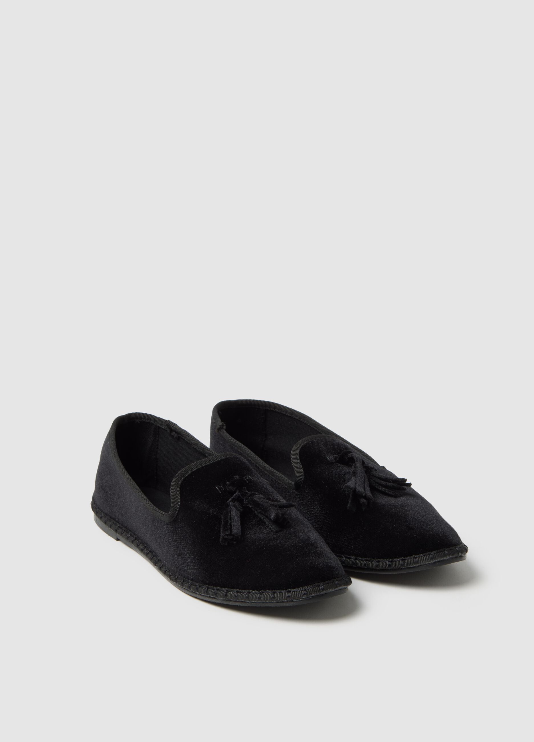 Black waterproof fabric shoes with tassels
