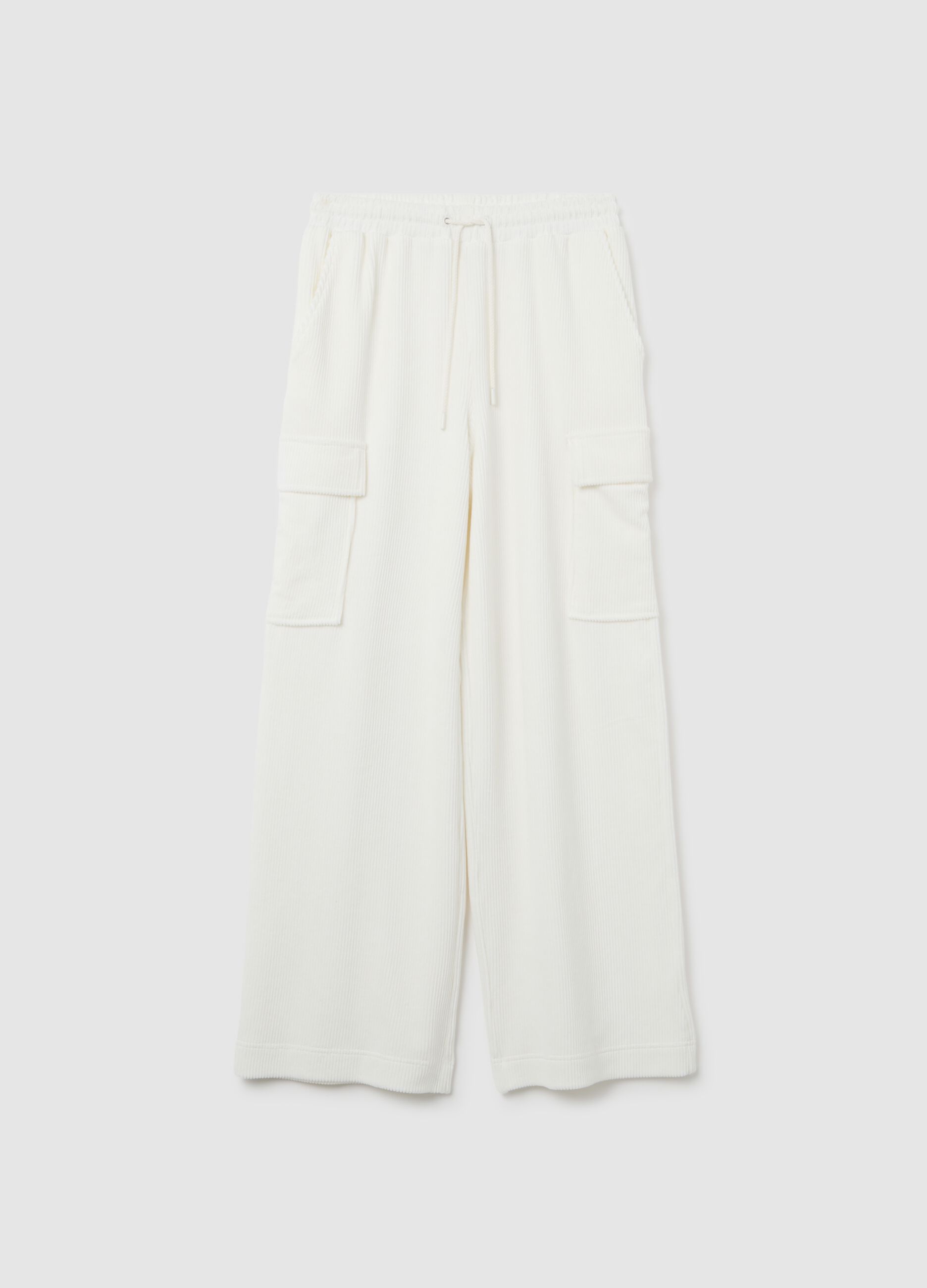 White cotton blend wide leg cargo trousers