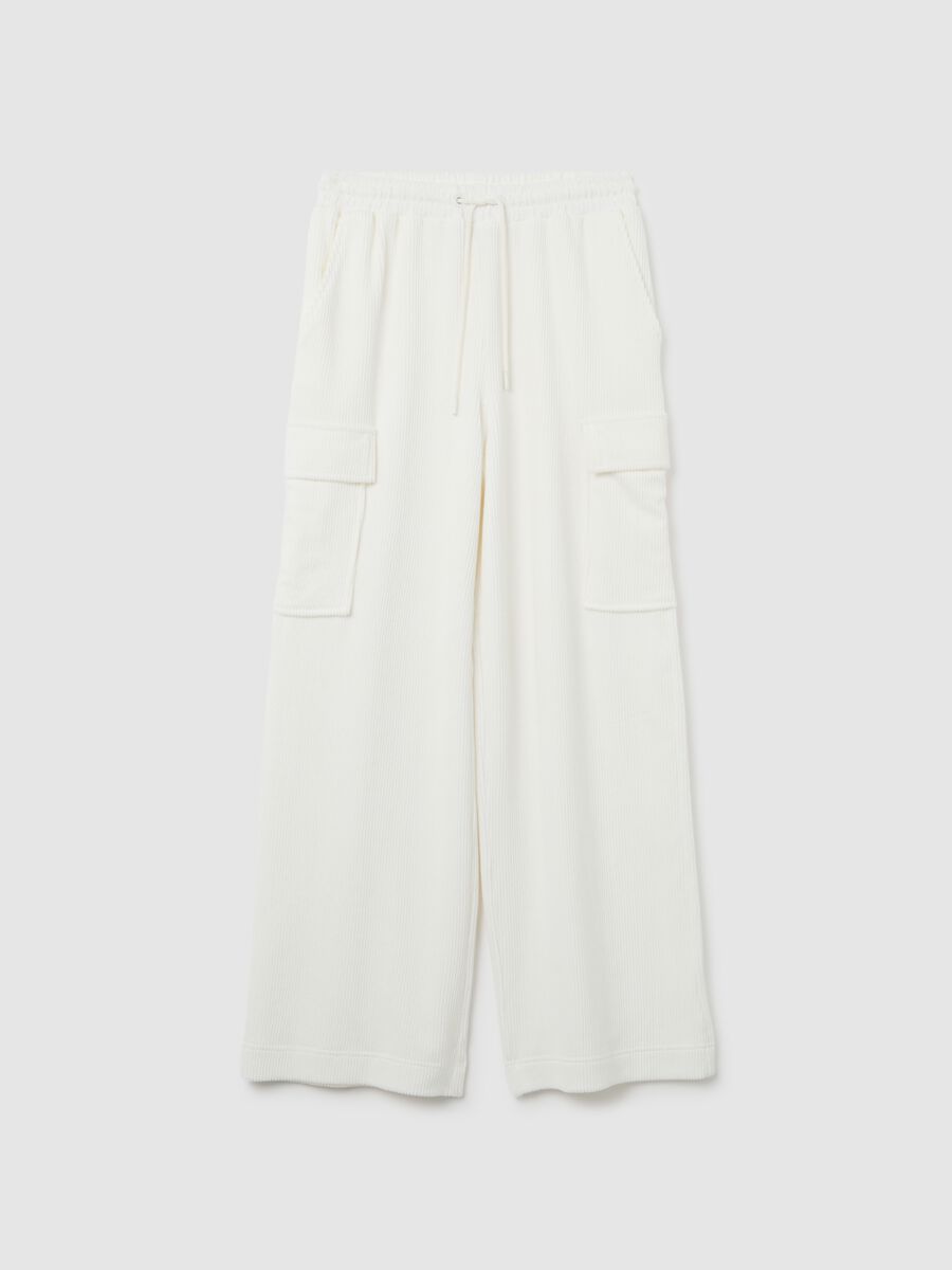White cotton blend wide leg cargo trousers_0