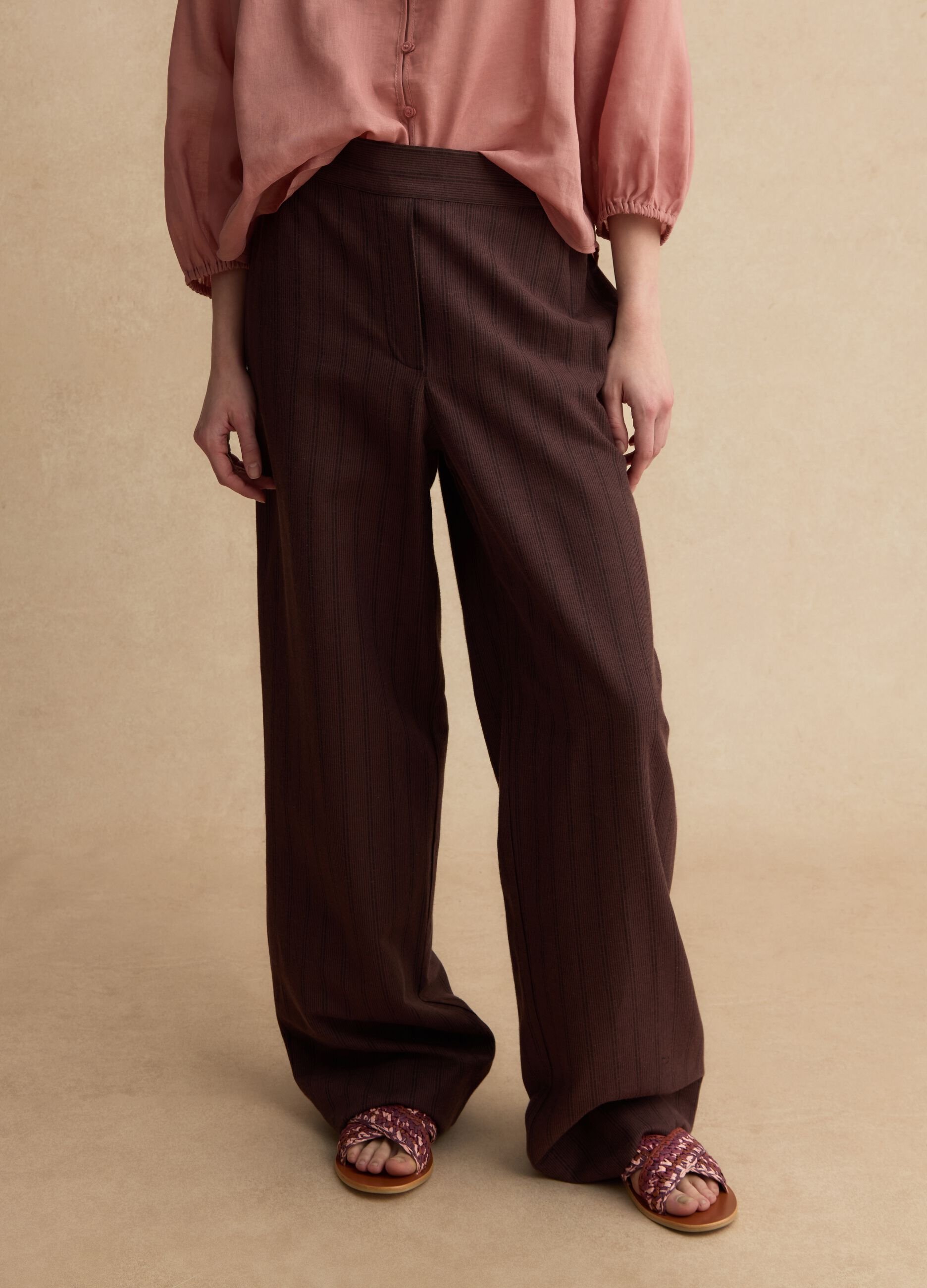 Brown wide leg striped viscose blend trousers