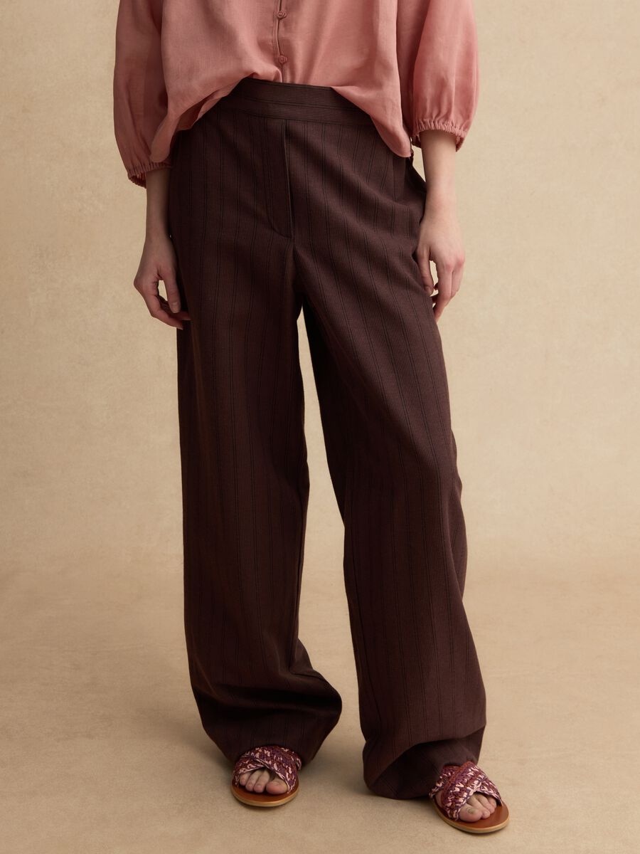 Brown wide leg striped viscose blend trousers_1