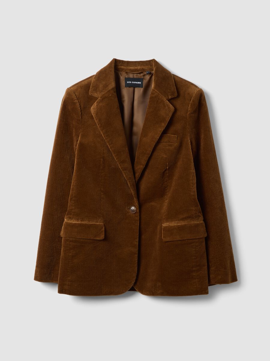 Blazer marrone in cotone elasticizzato foderato a coste con rever classico_0
