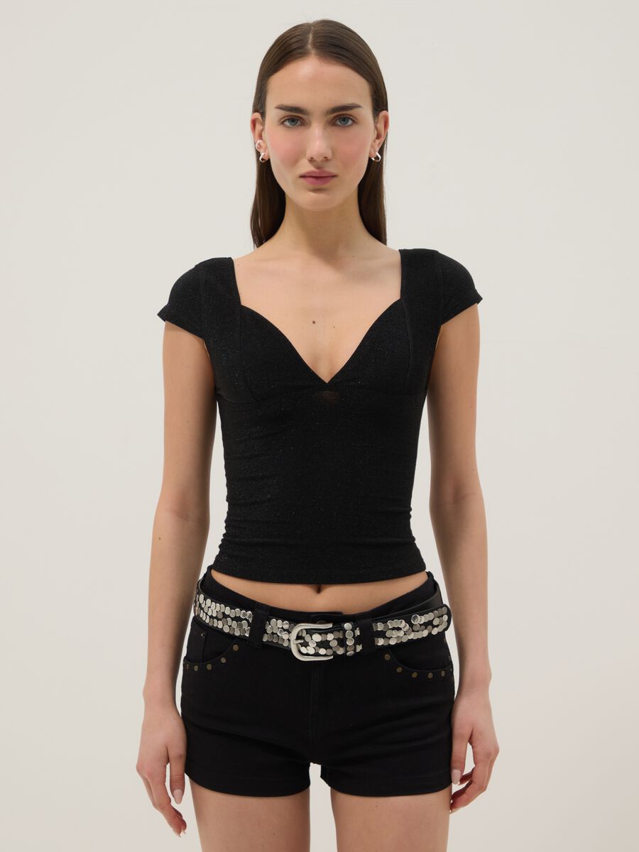 Black stretch viscose-blend V-neck regular-fit T-shirt_1