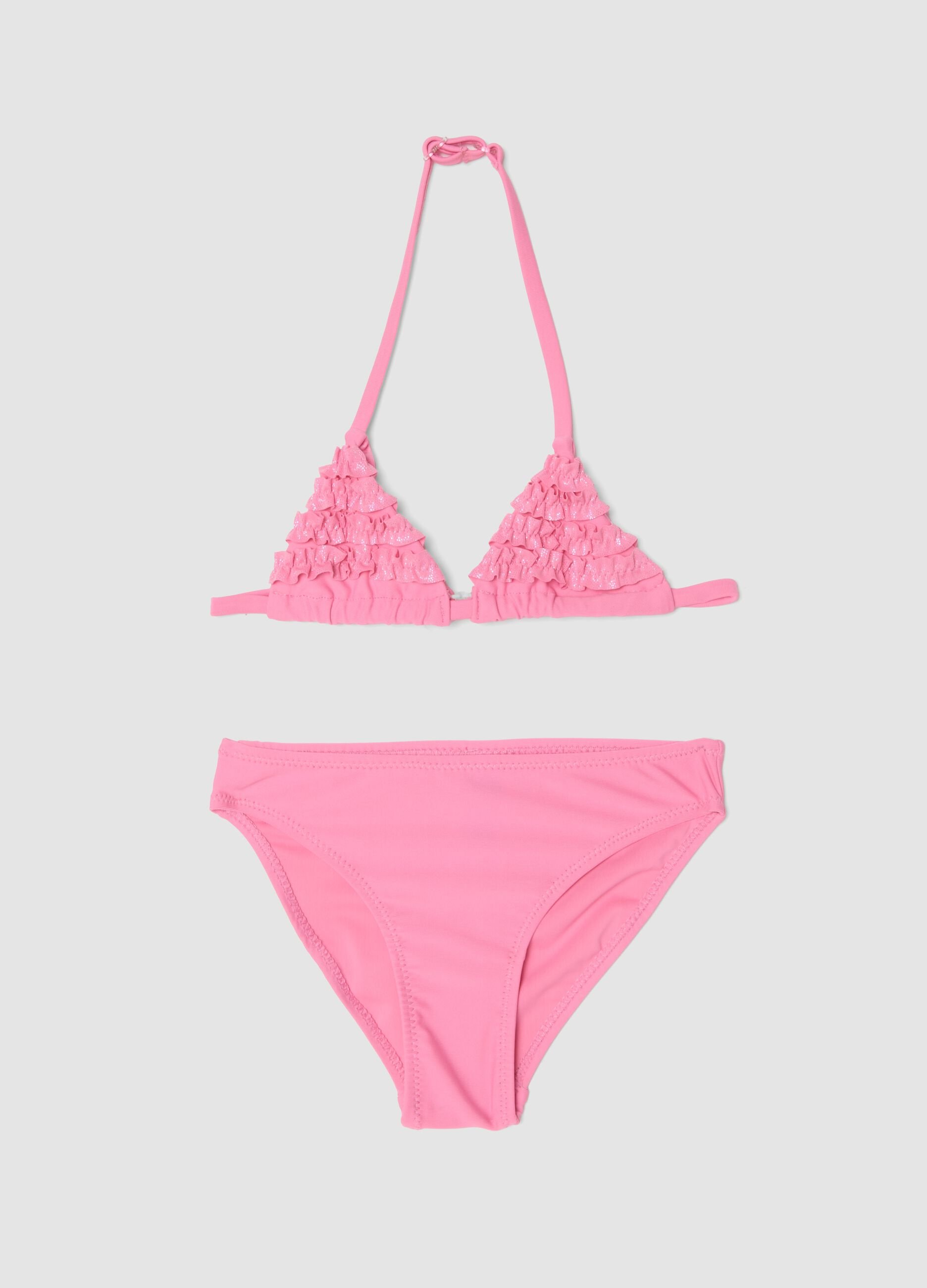 Pink triangle bikini in stretch fabric with frills