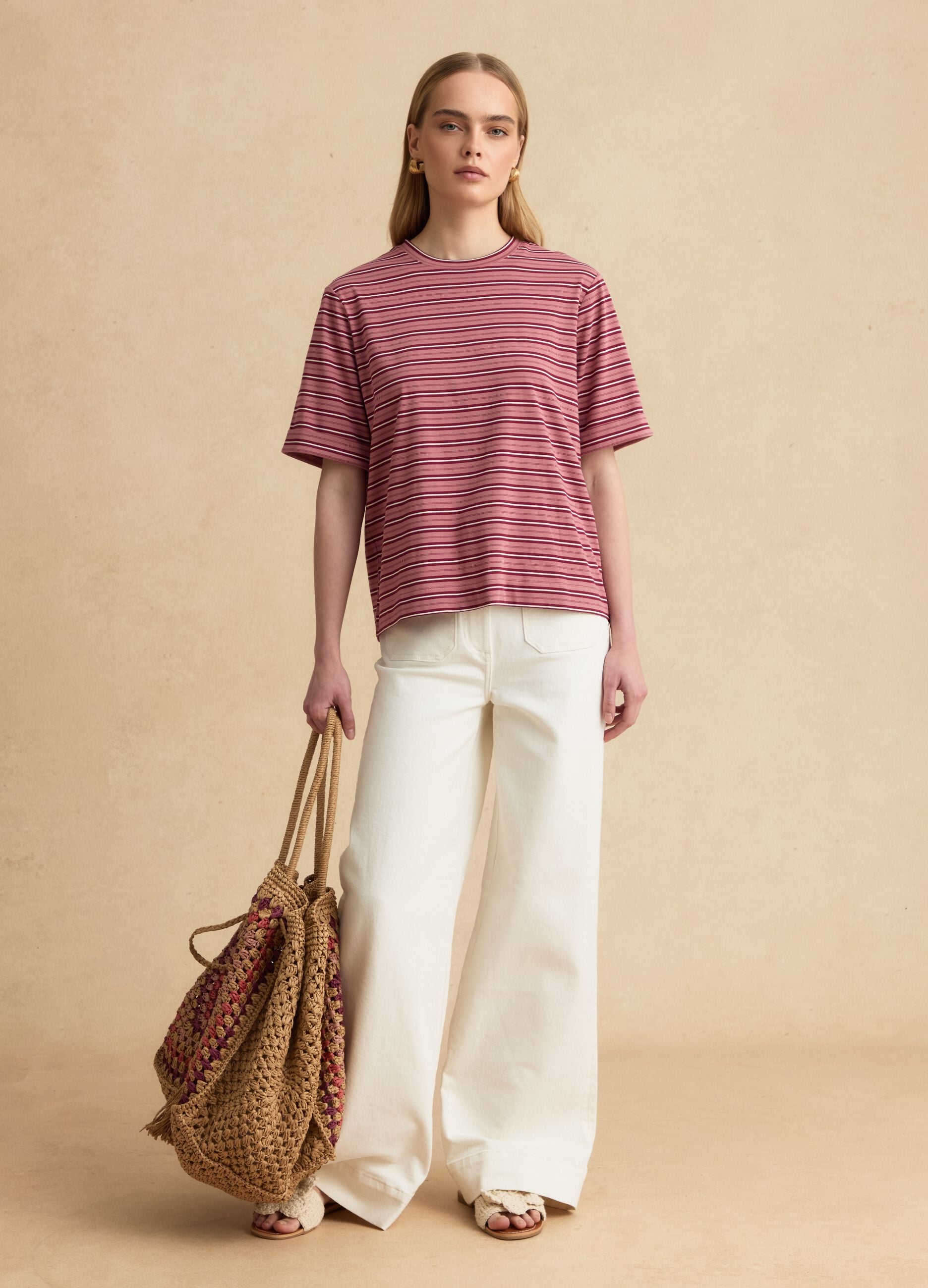 Pink striped cotton-blend T-shirt