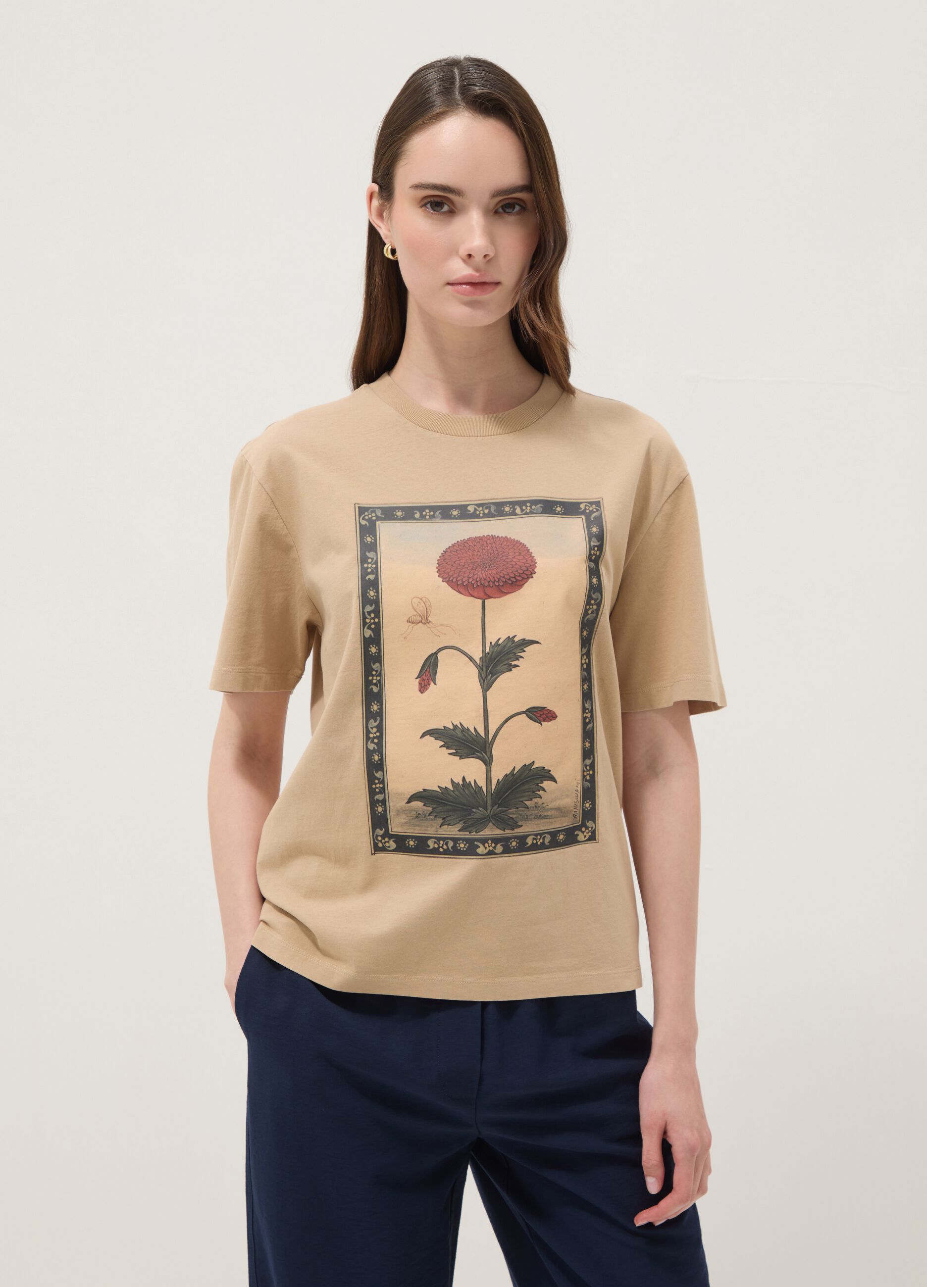Beige pure cotton T-shirt with floral print