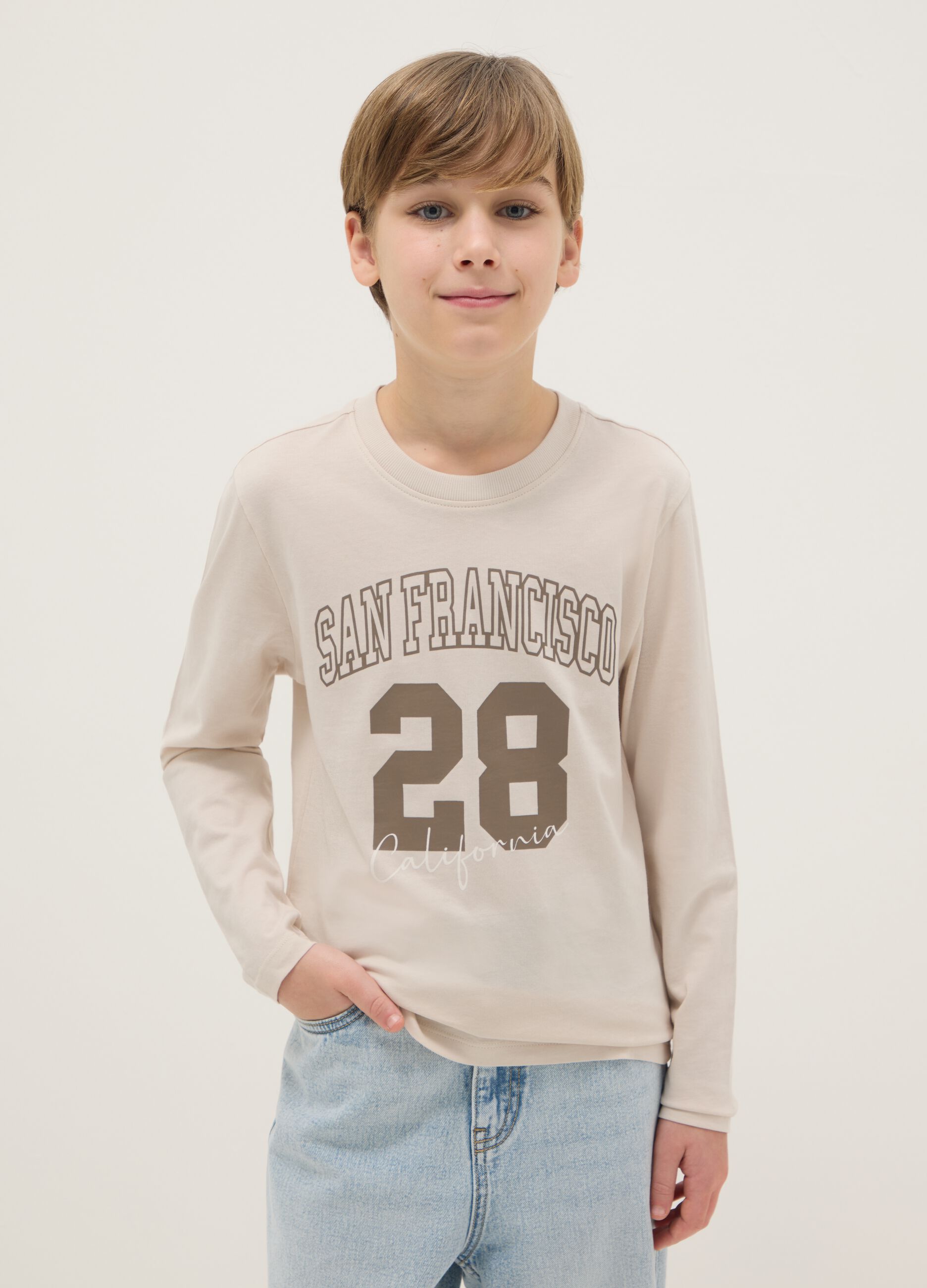 Maglietta beige da ragazzo in puro cotone regular fit con stampa