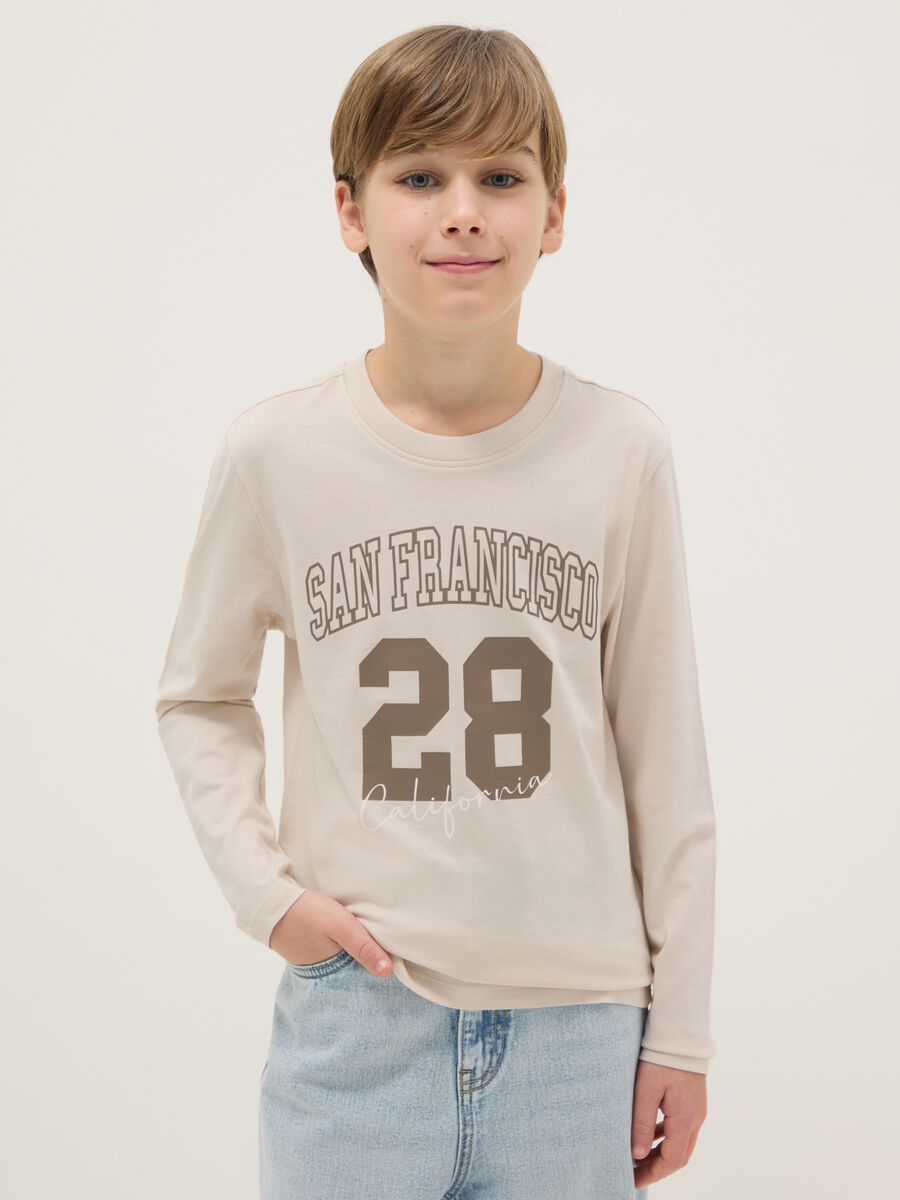 Maglietta beige da ragazzo in puro cotone regular fit con stampa_0