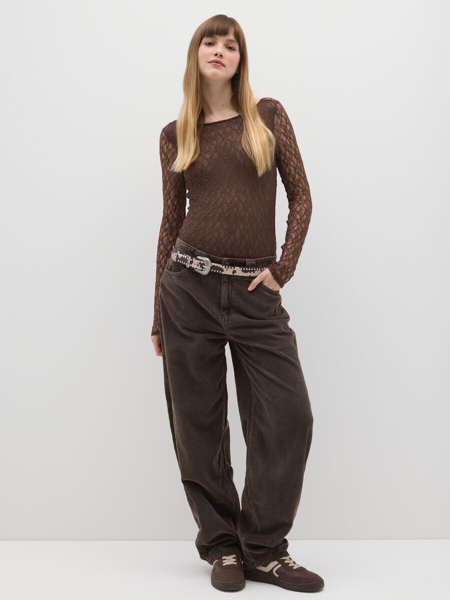Pantaloni baggy marroni in puro cotone a coste relaxed fit_0