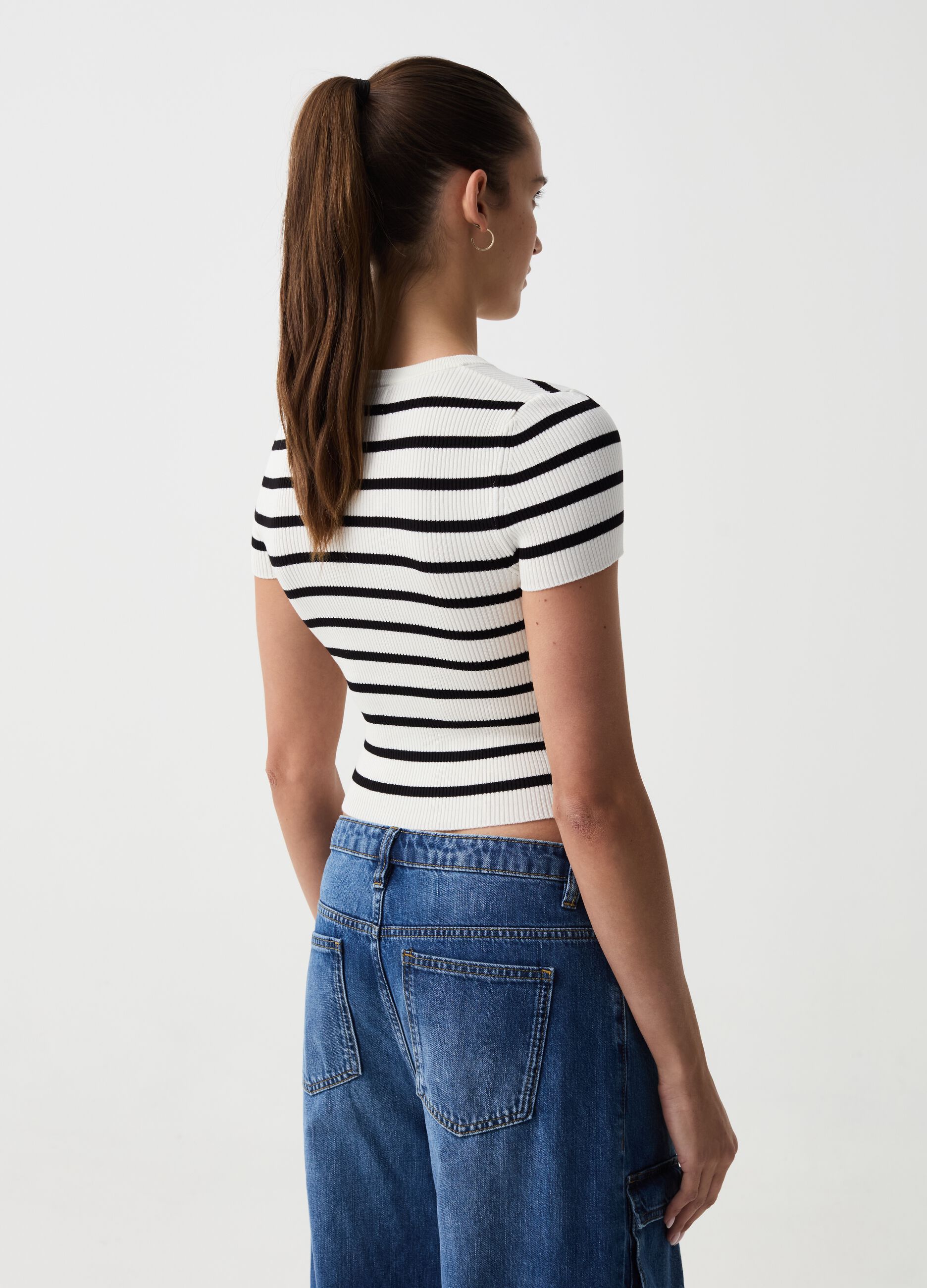 Ribbed crop T-shirt with striped pattern