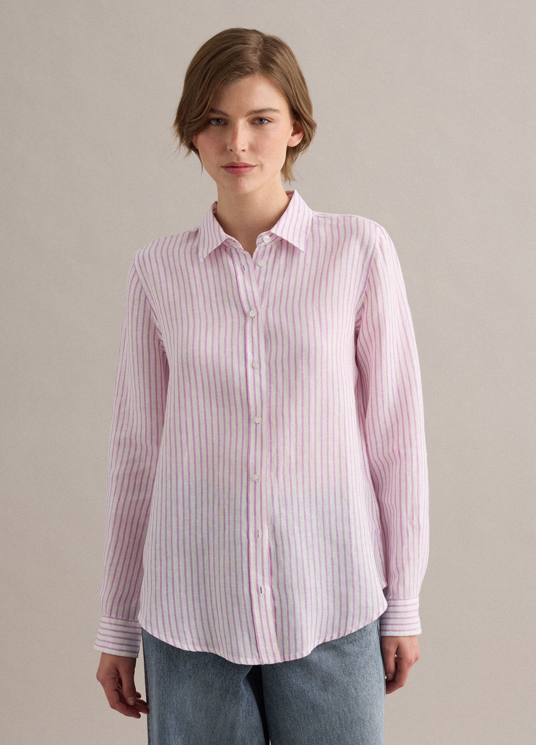 White and pink striped pure linen shirt, regular fit