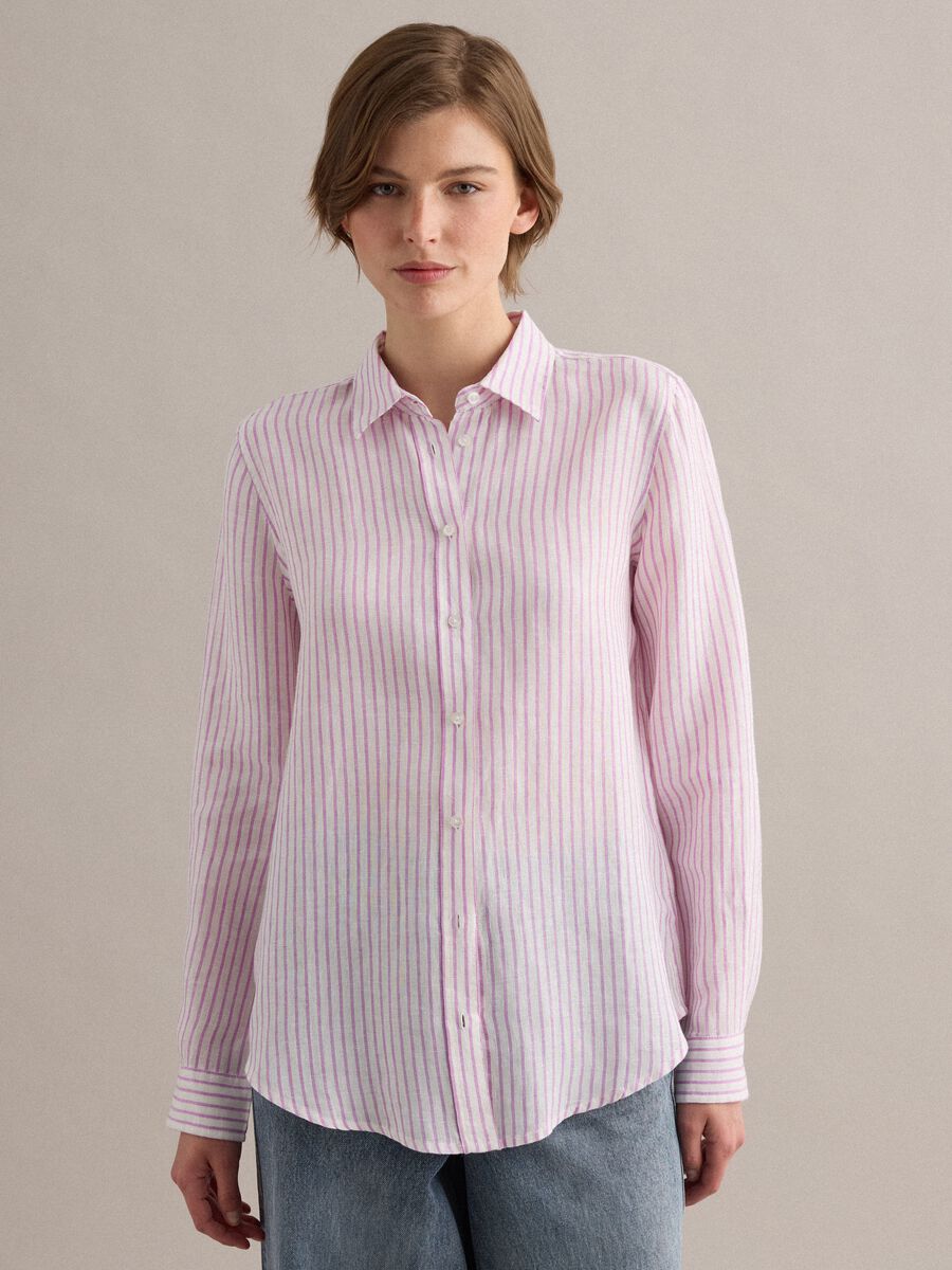 White and pink striped pure linen shirt, regular fit_1