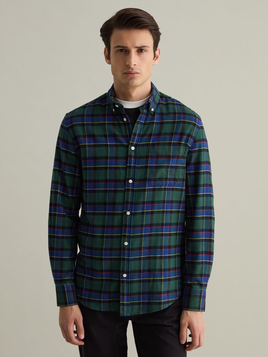 Flannel shirt with check pattern and button-down collar_0