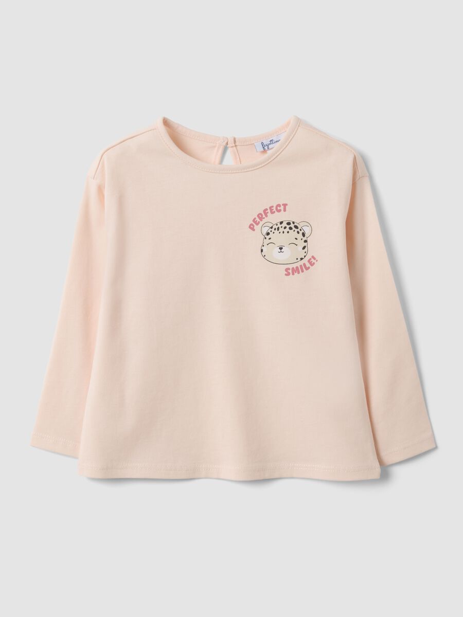 Orange organic cotton T-shirt with leopard print for baby girl_0