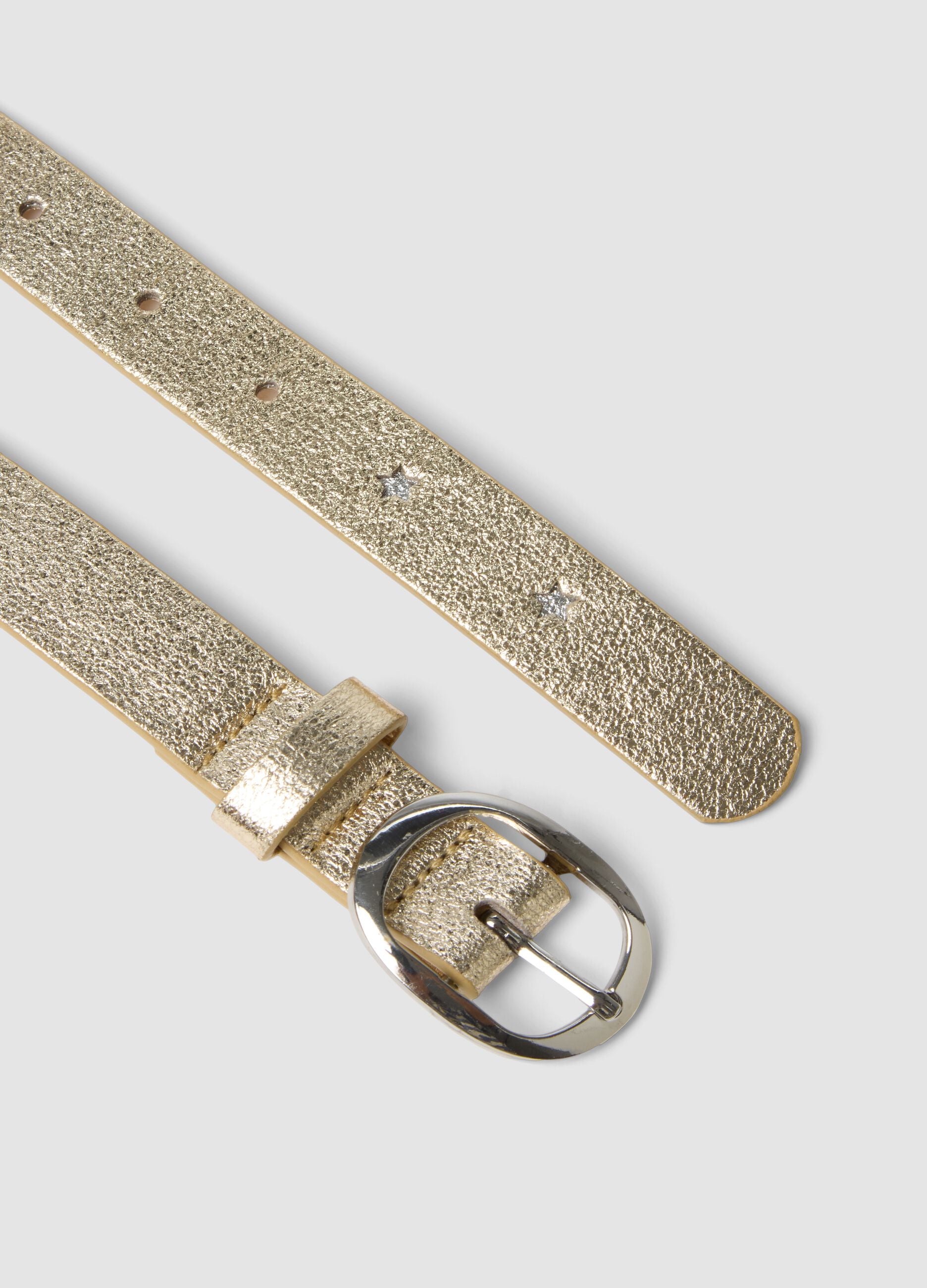 Glossy yellow belt with round buckle and star cut-outs