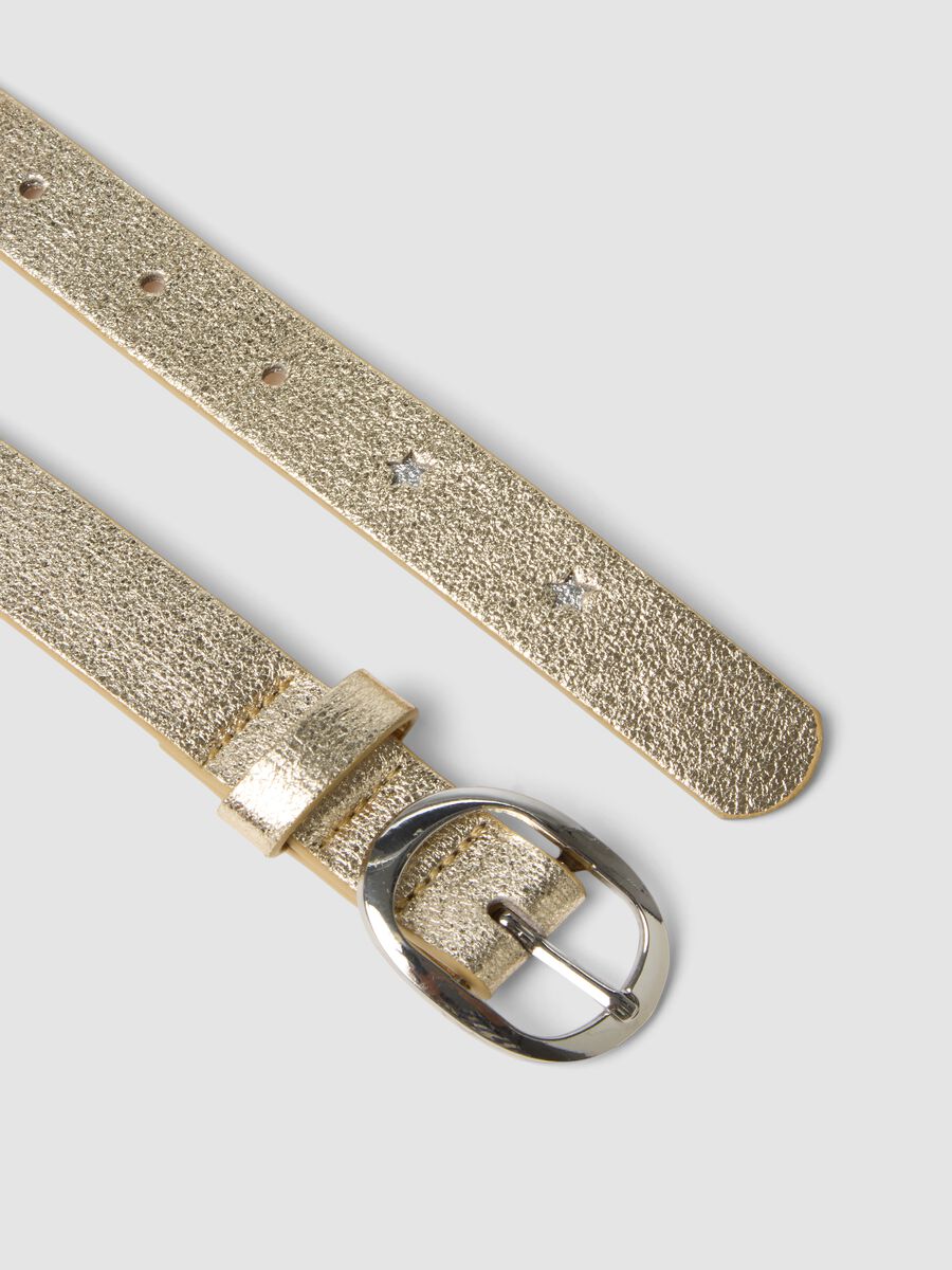 Cintura gialla lucida con fibbia tonda e stelline_1