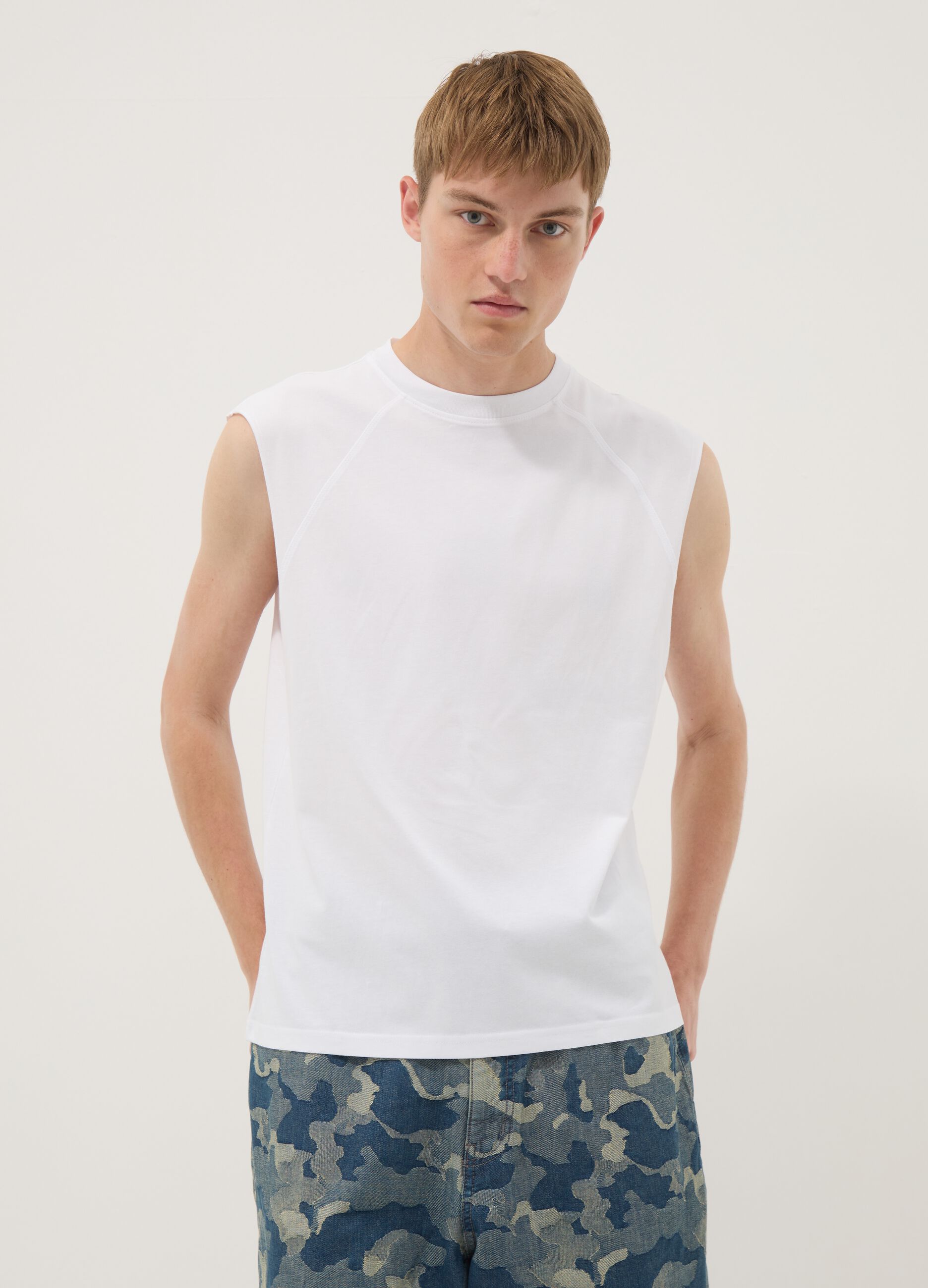 Tank top bianco in puro cotone regular fit