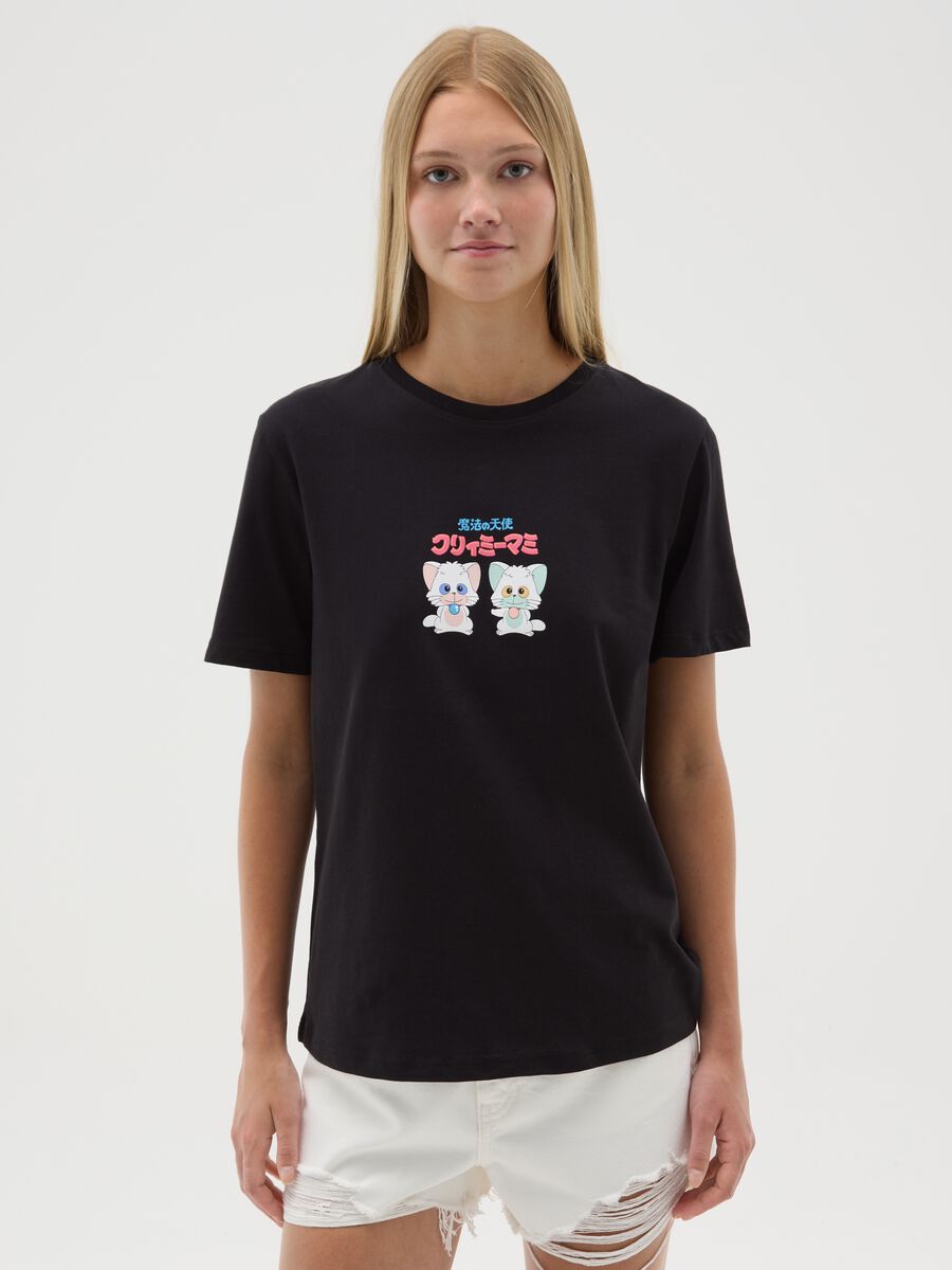 Women's black pure cotton regular fit T-shirt with print_0