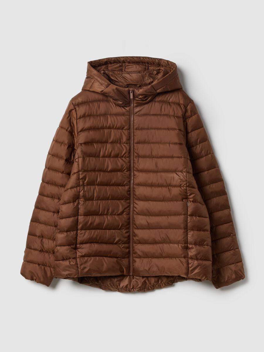 Brown padded regular fit jacket with zip and hood_0