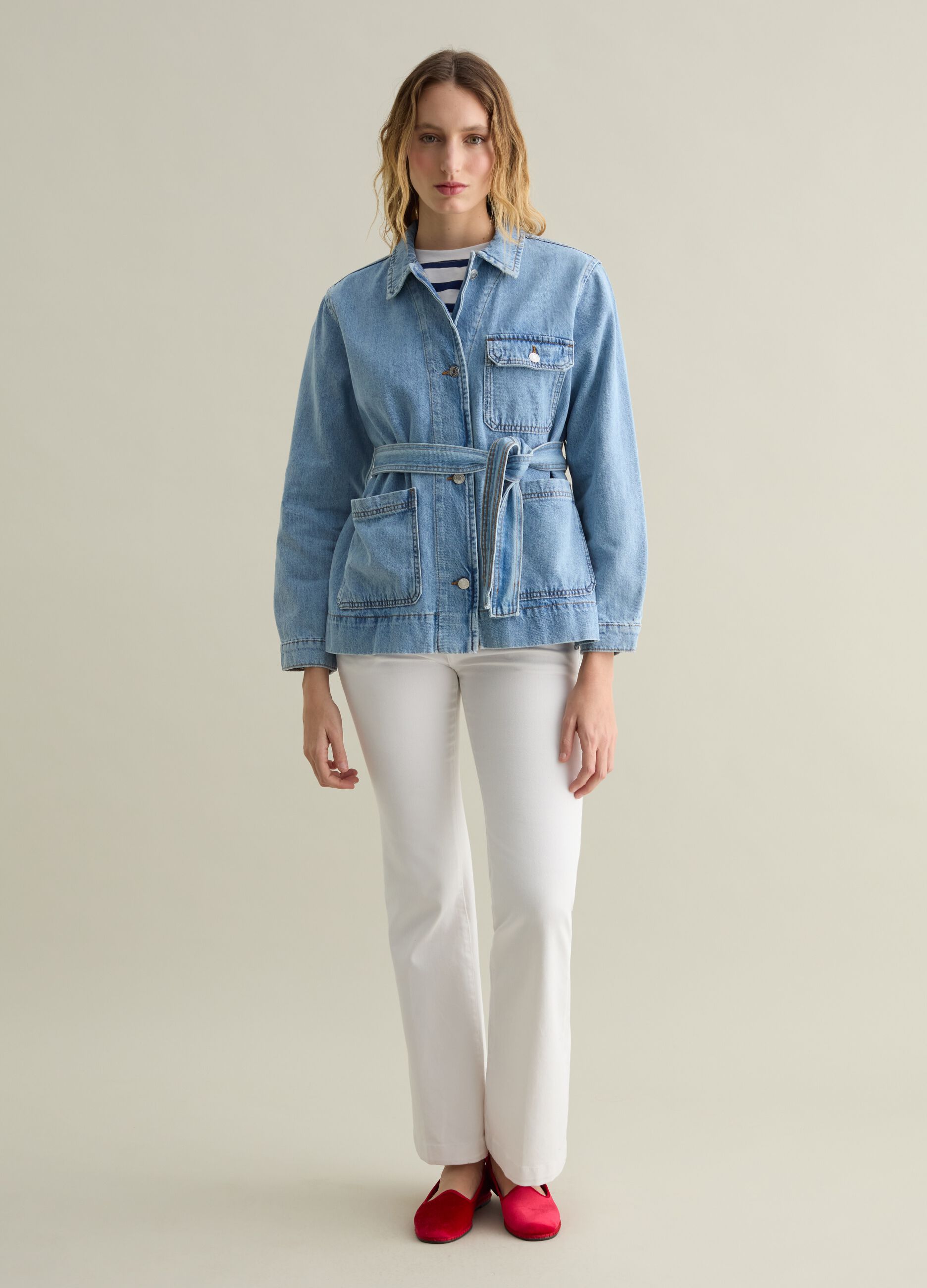 Denim shacket with belt